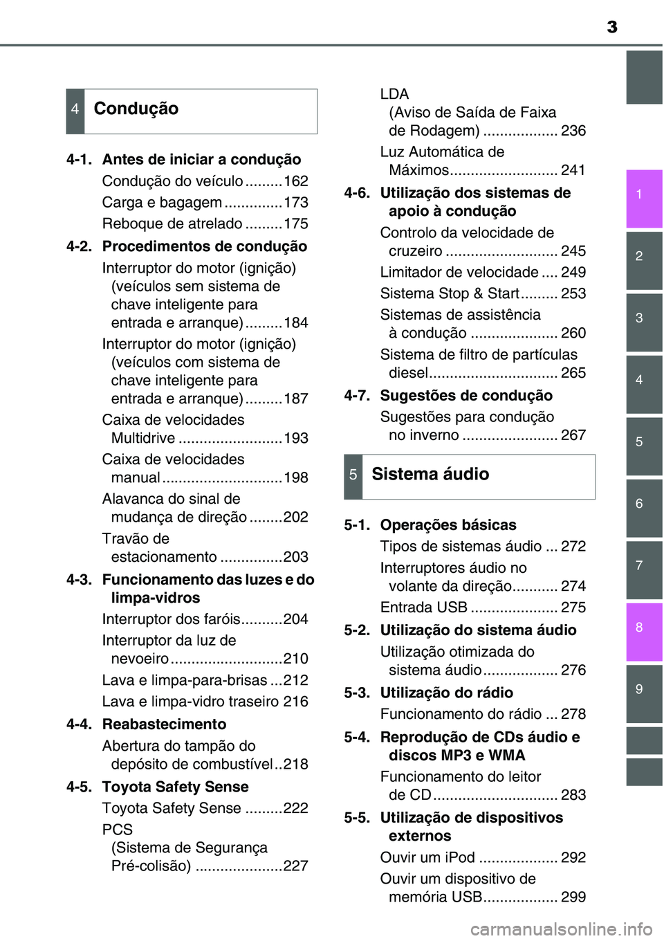 TOYOTA YARIS 2016 Manual de utilização (in Portuguese) 3
1
7
8 6 5 4 3 2
9
4-1. Antes de iniciar a condução
Condução do veículo .........162
Carga e bagagem ..............173
Reboque de atrelado .........175
4-2. Procedimentos de condução
Interrupt TOYOTA YARIS 2016 Manual de utilização (in Portuguese) 3
1
7
8 6 5 4 3 2
9
4-1. Antes de iniciar a condução
Condução do veículo .........162
Carga e bagagem ..............173
Reboque de atrelado .........175
4-2. Procedimentos de condução
Interrupt
