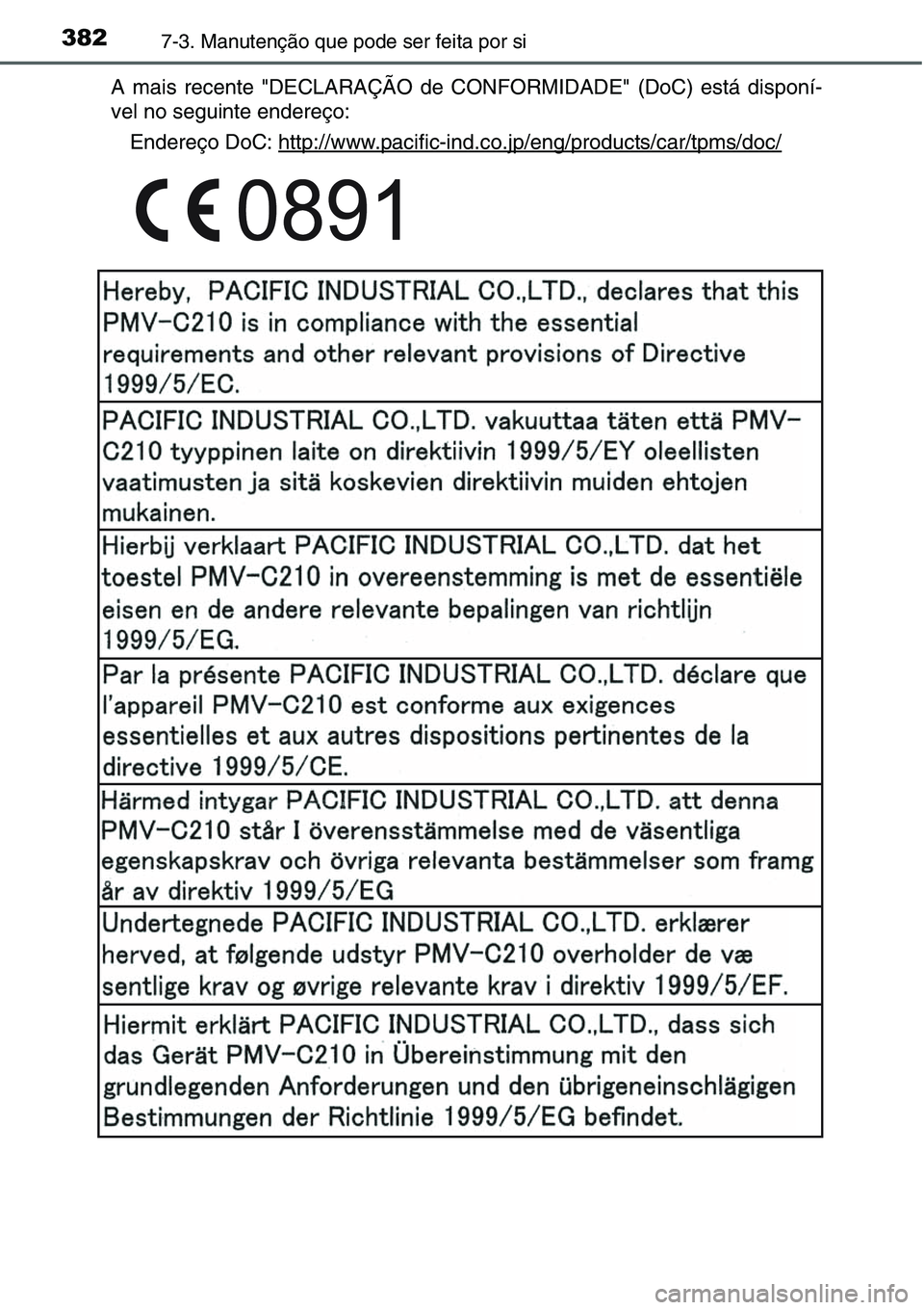 TOYOTA YARIS 2016  Manual de utilização (in Portuguese) 3827-3. Manutenção que pode ser feita por si
A mais recente "DECLARAÇÃO de CONFORMIDADE" (DoC) está disponí-
vel no seguinte endereço:
Endereço DoC: http://www.pacific-ind.co.jp/eng/pr