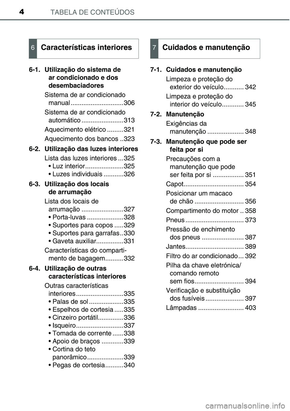 TOYOTA YARIS 2016  Manual de utilização (in Portuguese) TABELA DE CONTEÚDOS4
6-1. Utilização do sistema de 
ar condicionado e dos 
desembaciadores
Sistema de ar condicionado 
manual .............................306
Sistema de ar condicionado 
automátic