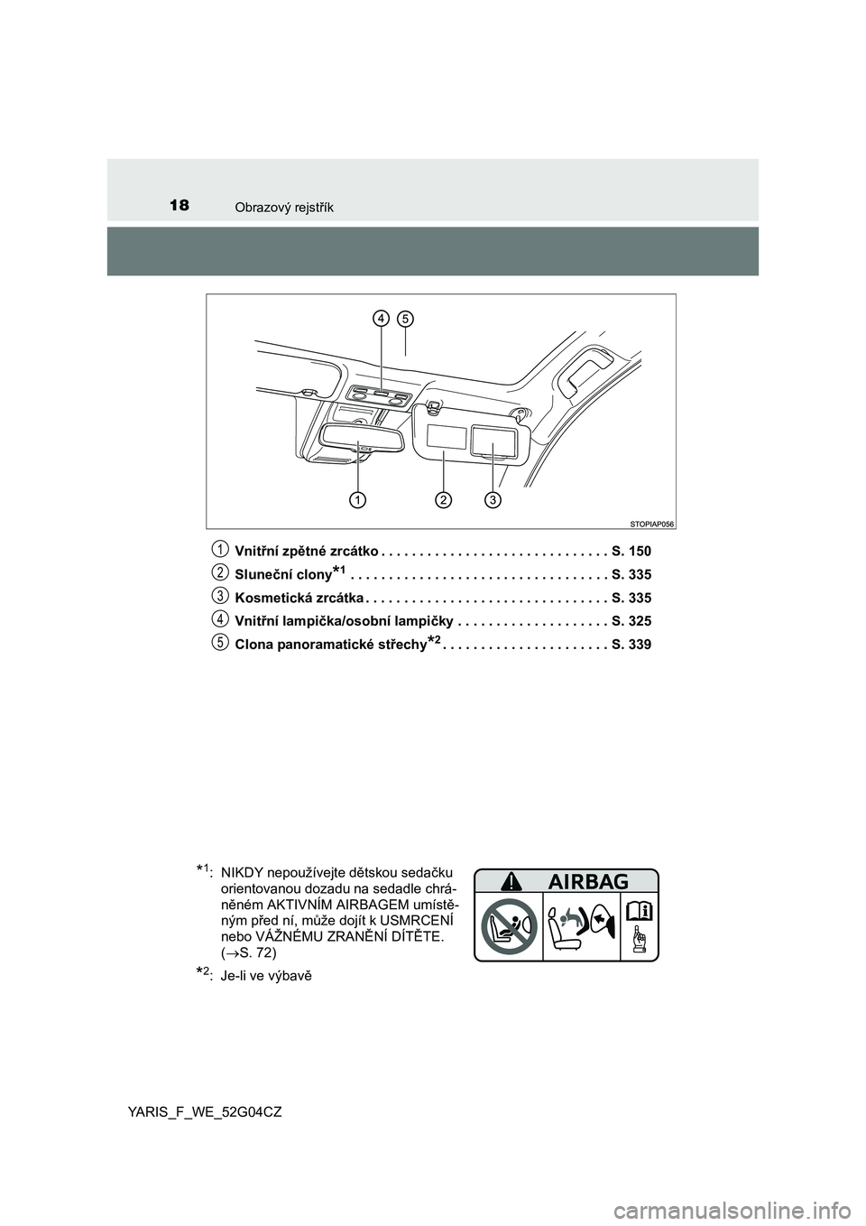 TOYOTA YARIS 2016  Návod na použití (in Czech) 18Obrazový rejstřík
YARIS_F_WE_52G04CZVnitřní zpětné zrcátko . . . . . . . . . . . . . . . . . . . . . . . . . . . . . . S. 150
Sluneční clony
*1 . . . . . . . . . . . . . . . . . . . . . . 