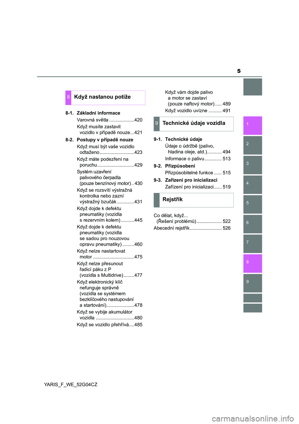 TOYOTA YARIS 2016  Návod na použití (in Czech) 5
1
7
8 6 5
4
3
2
9
YARIS_F_WE_52G04CZ8-1. Základní informace
Varovná světla ...................420
Když musíte zastavit 
vozidlo v případě nouze...421
8-2. Postupy v případě nouze
Když m