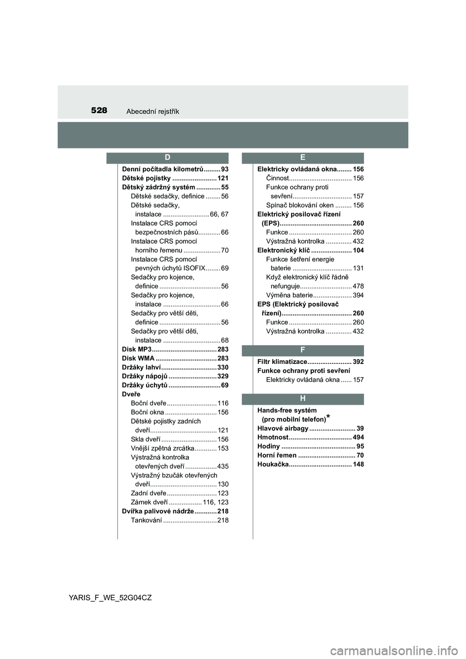 TOYOTA YARIS 2016  Návod na použití (in Czech) 528Abecední rejstřík
YARIS_F_WE_52G04CZ
Denní počítadla kilometrů......... 93
Dětské pojistky ........................ 121
Dětský zádržný systém ............. 55
Dětské sedačky, defi