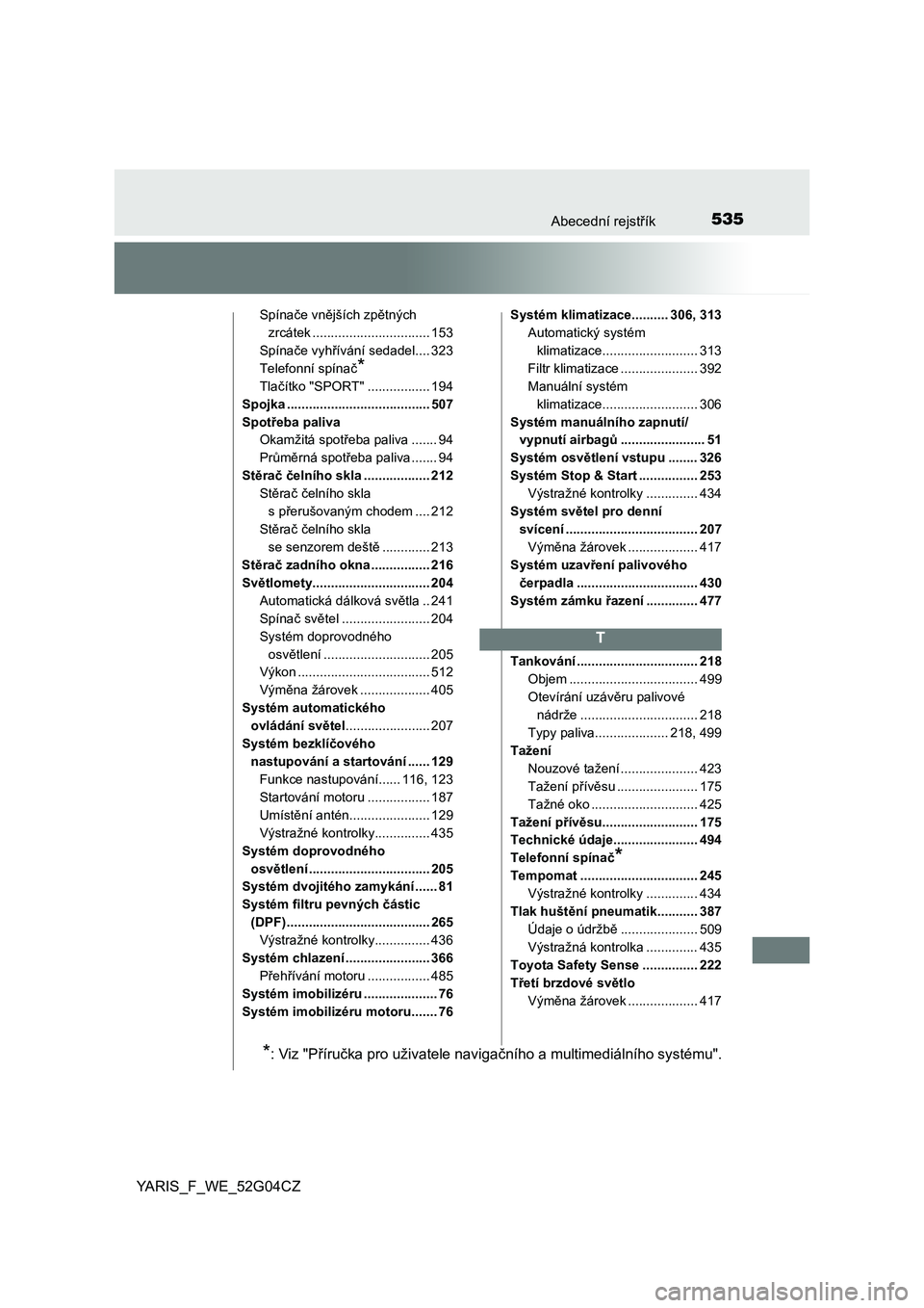 TOYOTA YARIS 2016  Návod na použití (in Czech) 535Abecední rejstřík
YARIS_F_WE_52G04CZ
Spínače vnějších zpětných 
zrcátek ................................ 153
Spínače vyhřívání sedadel.... 323
Telefonní spínač
*
Tlačítko "SPO