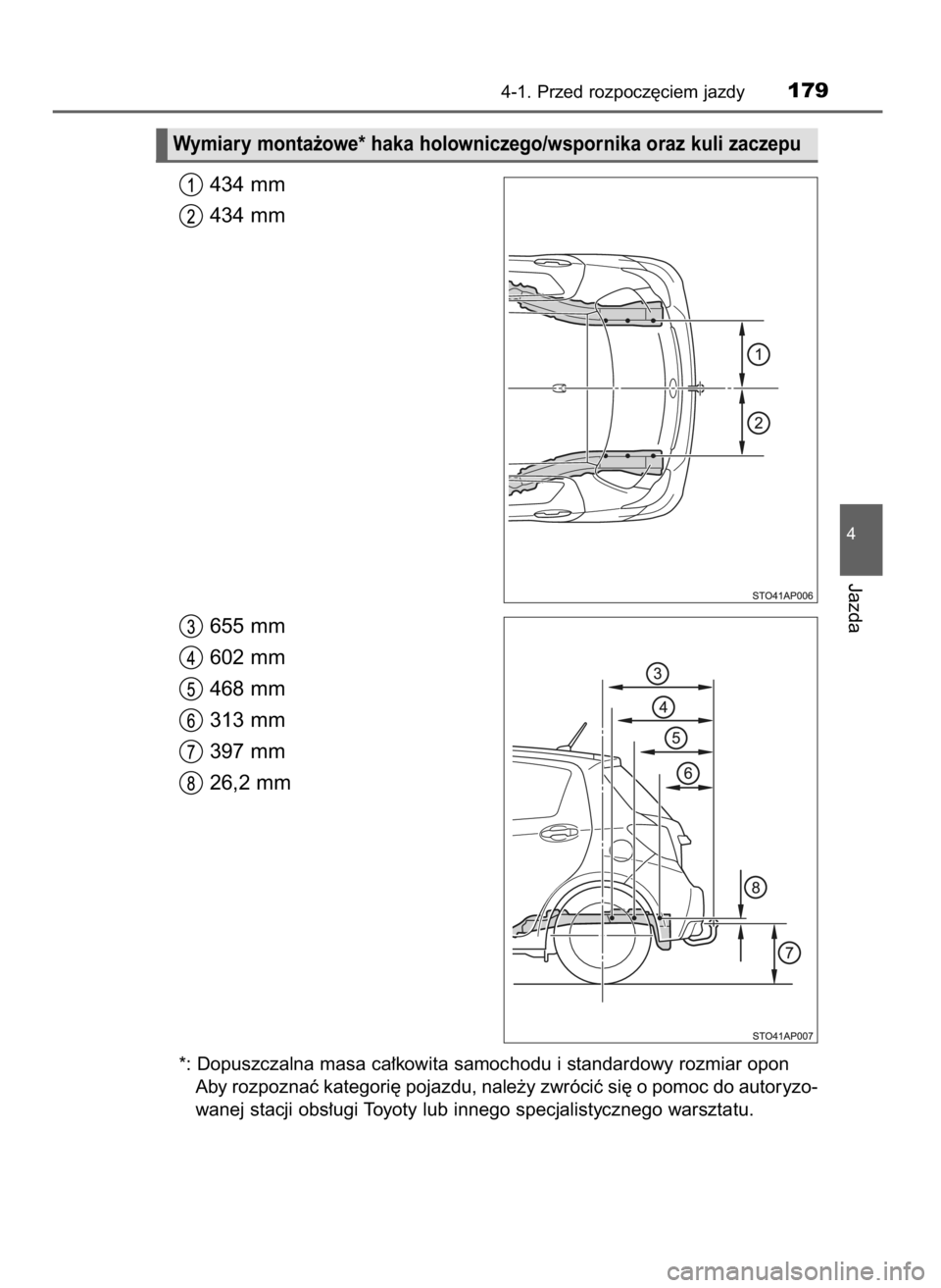TOYOTA YARIS 2016  Instrukcja obsługi (in Polish) 434 mm
434 mm
655 mm
602 mm
468 mm
313 mm
397 mm
26,2 mm
*: Dopuszczalna masa ca∏kowita samochodu i standardowy rozmiar opon
Aby rozpoznaç kategori´ pojazdu, nale˝y zwróciç si´ o pomoc do auto