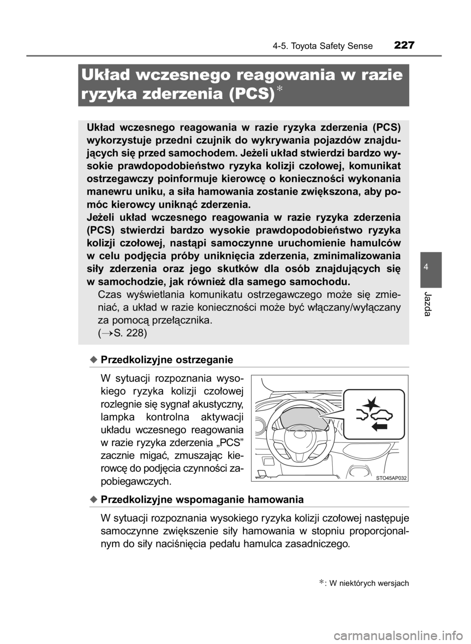 TOYOTA YARIS 2016  Instrukcja obsługi (in Polish) 4-5. Toyota Safety Sense227
4
Jazda
Uk∏ad wczesnego reagowania w razie
r yzyka zderzenia (PCS)
✻
Uk∏ad  wczesnego  reagowania  w razie  ryzyka  zderzenia  (PCS)
wykorzystuje  przedni  czujnik  d