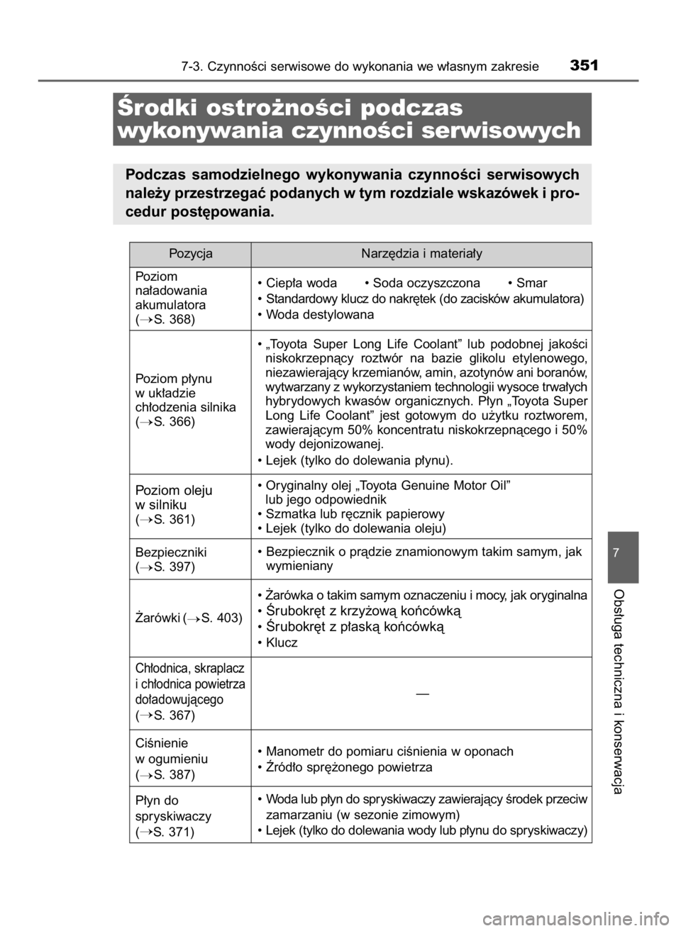 TOYOTA YARIS 2016  Instrukcja obsługi (in Polish) 7-3. CzynnoÊci serwisowe do wykonania we w∏asnym zakresie351
7
Obs∏uga techniczna i konserwacja
Ârodki ostro˝noÊci podczas 
wykonywania czynnoÊci serwisowych
Podczas  samodzielnego  wykonywan
