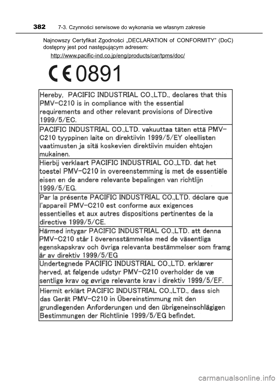 TOYOTA YARIS 2016  Instrukcja obsługi (in Polish) Najnowszy  Cer tyfikat  ZgodnoÊci  „DECLARATION  of CONFORMITY”  (DoC)
dost´pny jest pod nast´pujàcym adresem:
http://www
.pacific-ind.co.jp/eng/products/car/tpms/doc/
3827-3. CzynnoÊci serwi