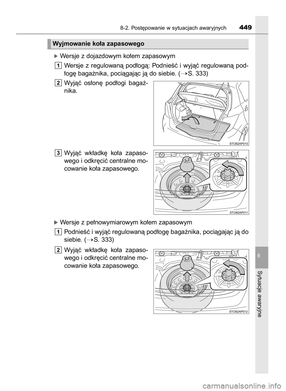 TOYOTA YARIS 2016  Instrukcja obsługi (in Polish) óWersje z dojazdowym ko∏em zapasowym
Wersje  z regulowanà  pod∏ogà:  PodnieÊç  i wyjàç  regulowanà  pod-
∏og´ baga˝nika, pociàgajàc jà do siebie. (
S. 333)
Wyjàç  os∏on´  pod