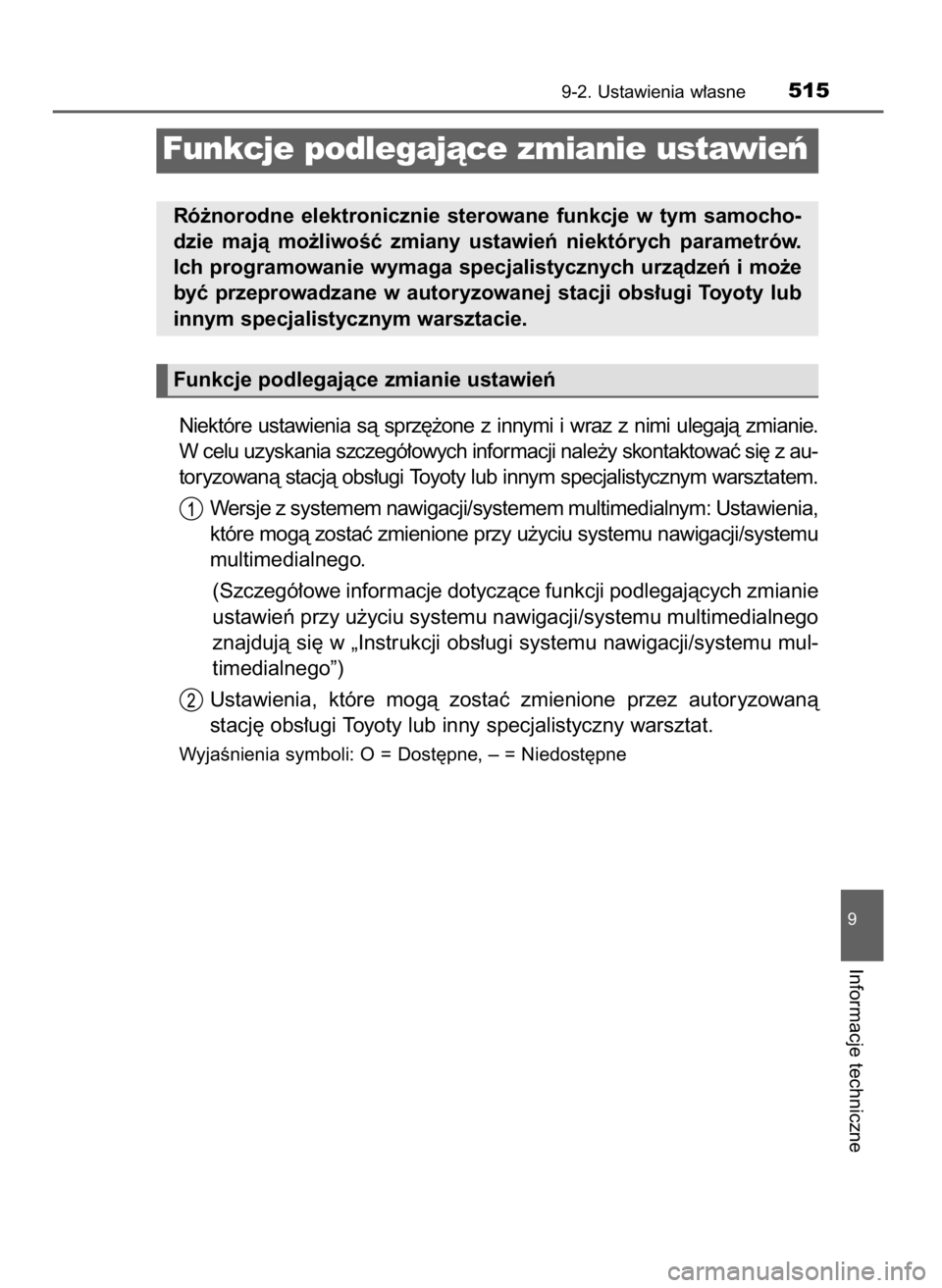 TOYOTA YARIS 2016  Instrukcja obsługi (in Polish) Niektóre  ustawienia  sà  sprz´˝one  z innymi  i wraz  z nimi  ulegajà  zmianie.
W celu uzyskania szczegó∏owych informacji nale˝y skontaktowaç si´ z au-
toryzowanà stacjà obs∏ugi Toyoty