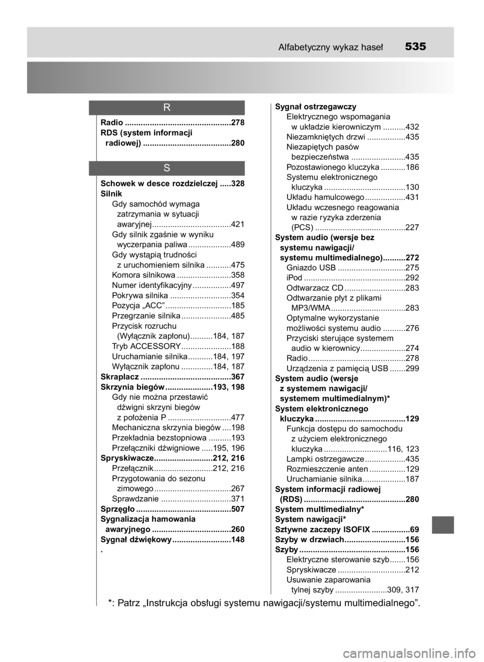 TOYOTA YARIS 2016  Instrukcja obsługi (in Polish) Alfabetyczny wykaz hase∏535
Radio ...............................................278
RDS (system informacji 
radiowej) .......................................280
Schowek w desce rozdzielczej .....32