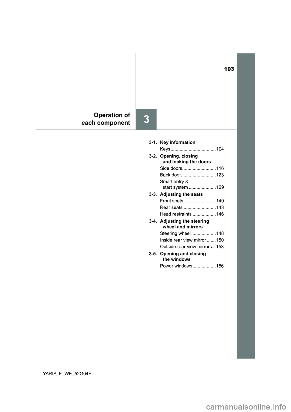 TOYOTA YARIS 2016  Owners Manual 103
3
Operation of 
each component
YARIS_F_WE_52G04E 
3-1. Key information 
Keys ................................... 104 
3-2. Opening, closing  
and locking the doors 
Side doors.....................