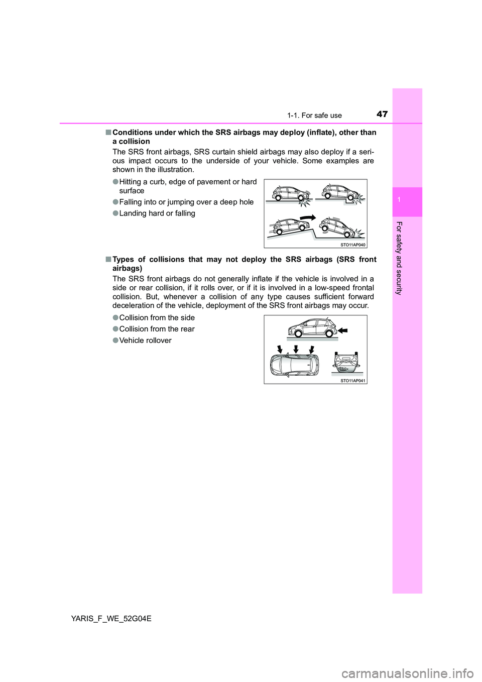 TOYOTA YARIS 2016 User Guide 471-1. For safe use
1
For safety and security
YARIS_F_WE_52G04E 
■ Conditions under which the SRS airbags may deploy (inflate), other than 
a collision  
The SRS front airbags, SRS curtain shield ai