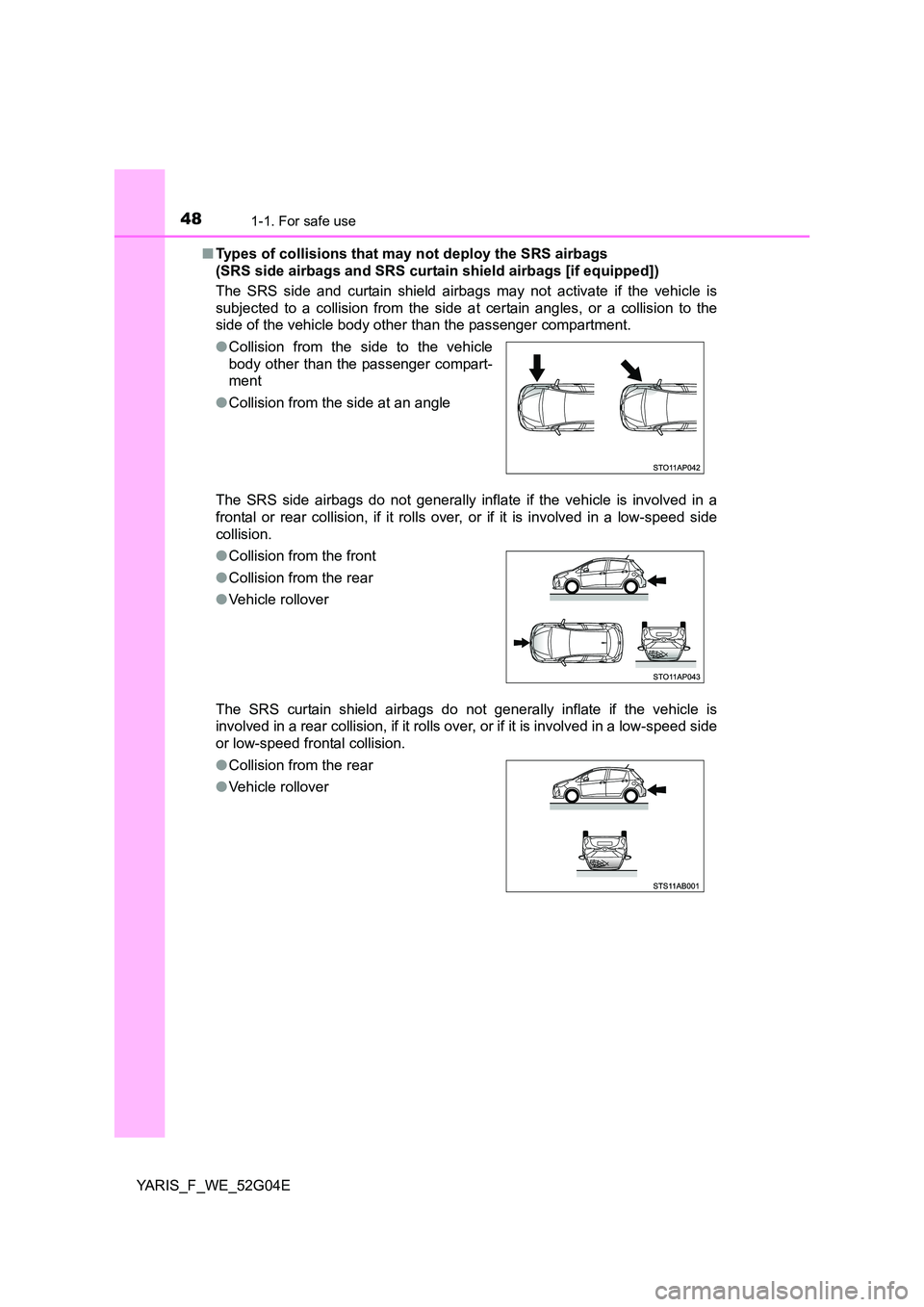 TOYOTA YARIS 2016 User Guide 481-1. For safe use
YARIS_F_WE_52G04E 
■ Types of collisions that may not deploy the SRS airbags  
(SRS side airbags and SRS curtain shield airbags [if equipped]) 
The SRS side and curtain shield ai