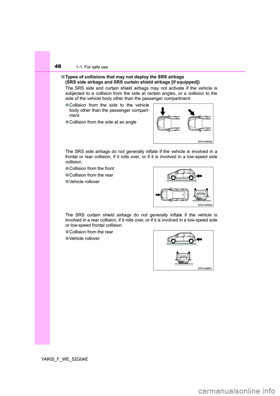 TOYOTA YARIS 2016 Service Manual 481-1. For safe use
YARIS_F_WE_52G04E 
■ Types of collisions that may not deploy the SRS airbags  
(SRS side airbags and SRS curtain shield airbags [if equipped]) 
The SRS side and curtain shield ai