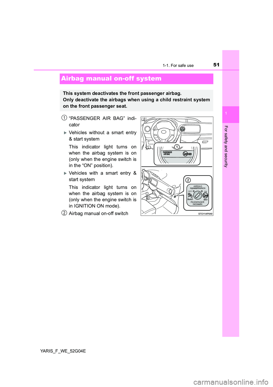 TOYOTA YARIS 2016 Owners Manual 511-1. For safe use
1
For safety and security
YARIS_F_WE_52G04E
Airbag manual on-off system
“PASSENGER AIR BAG” indi- 
cator
Vehicles without a smart entry
& start system 
This indicator light 