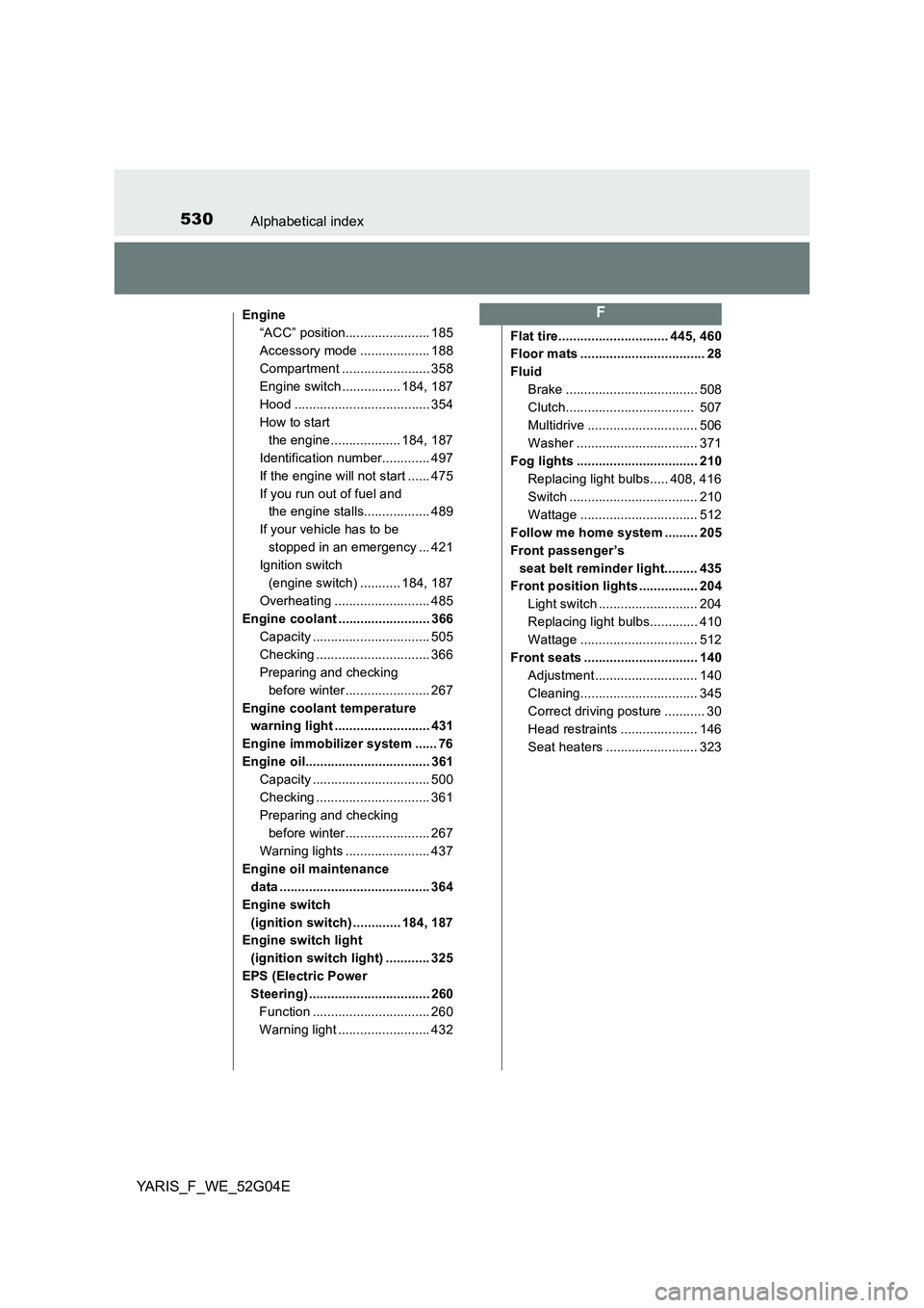 TOYOTA YARIS 2016  Owners Manual 530Alphabetical index
YARIS_F_WE_52G04E
Engine 
“ACC” position....................... 185
Accessory mode ................... 188
Compartment ........................ 358 
Engine switch ...........