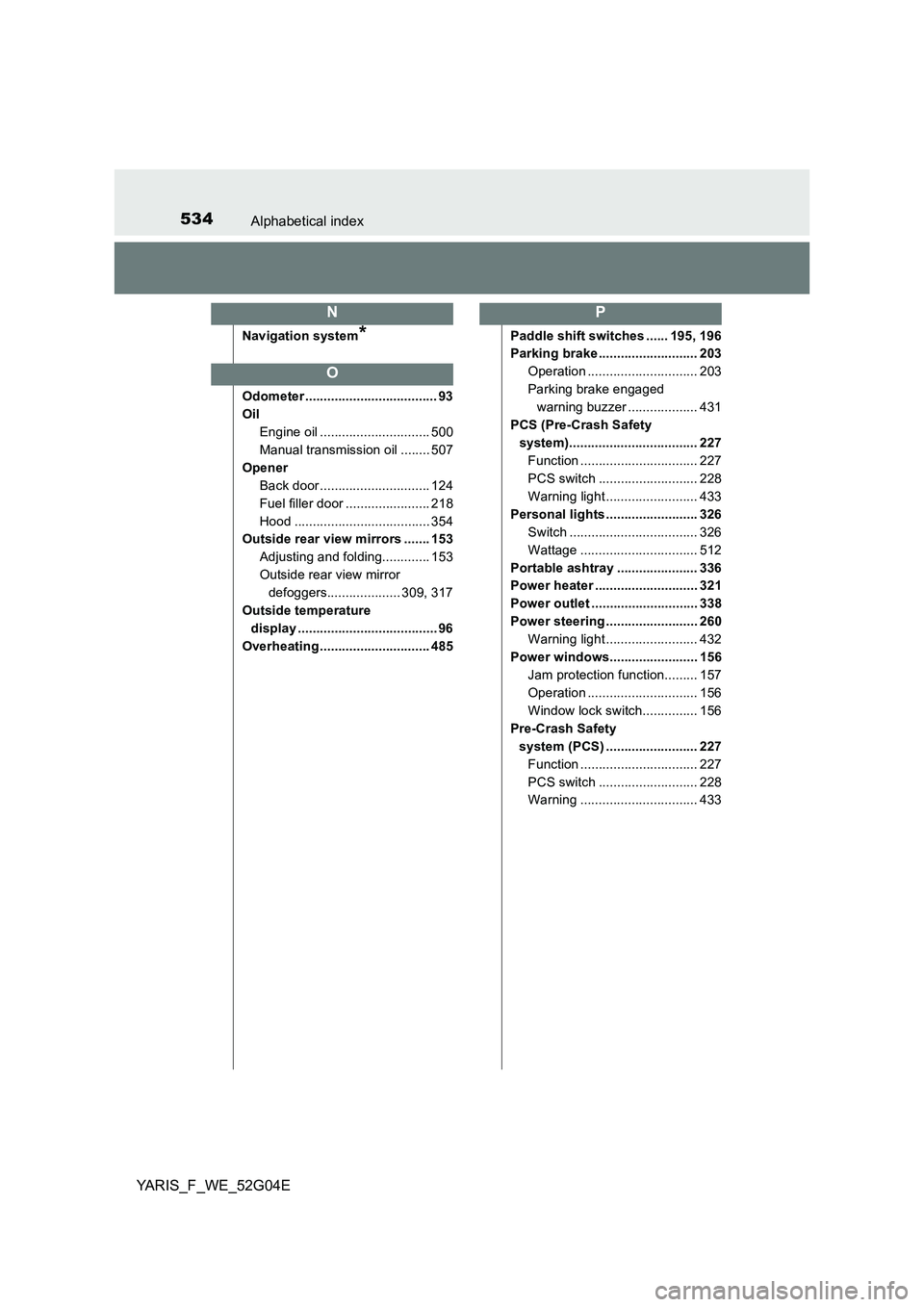 TOYOTA YARIS 2016 Owners Manual 534Alphabetical index
YARIS_F_WE_52G04E
Navigation system*
Odometer .................................... 93
Oil
Engine oil .............................. 500
Manual transmission oil ........ 507
Ope TOYOTA YARIS 2016 Owners Manual 534Alphabetical index
YARIS_F_WE_52G04E
Navigation system*
Odometer .................................... 93
Oil
Engine oil .............................. 500
Manual transmission oil ........ 507
Ope