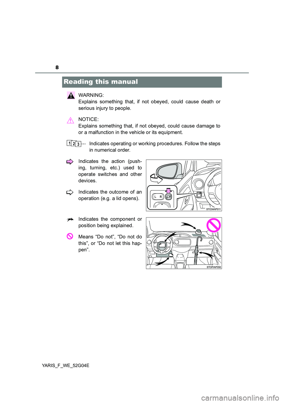 TOYOTA YARIS 2016  Owners Manual 8
YARIS_F_WE_52G04E
Reading this manual
WARNING:  
Explains something that, if not obeyed, could cause death or 
serious injury to people. 
NOTICE:  
Explains something that, if not obeyed, could caus
