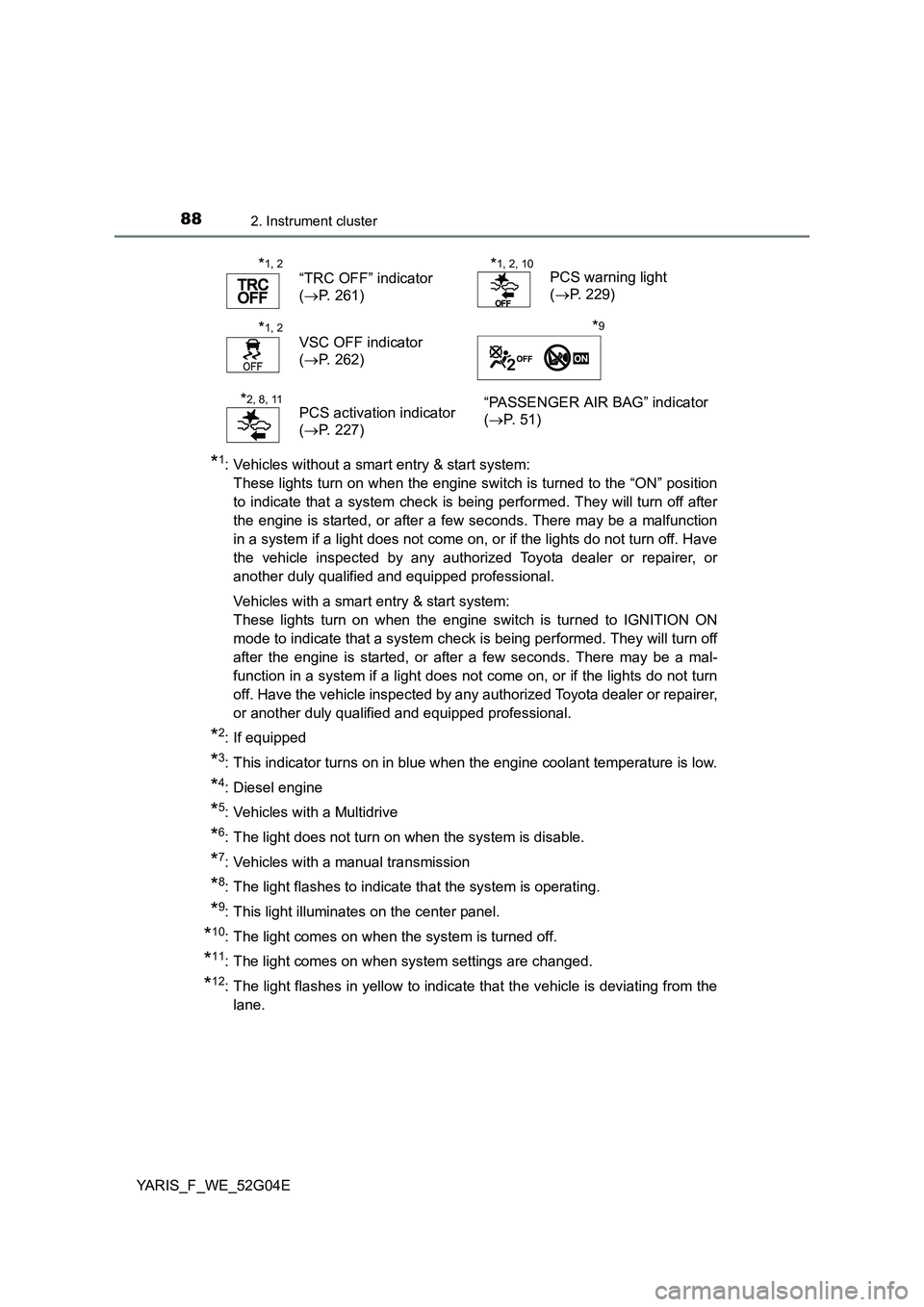 TOYOTA YARIS 2016  Owners Manual 882. Instrument cluster
YARIS_F_WE_52G04E
*1: Vehicles without a smart entry & start system:  
These lights turn on when the engine switch is turned to the “ON” position
to indicate that a system 