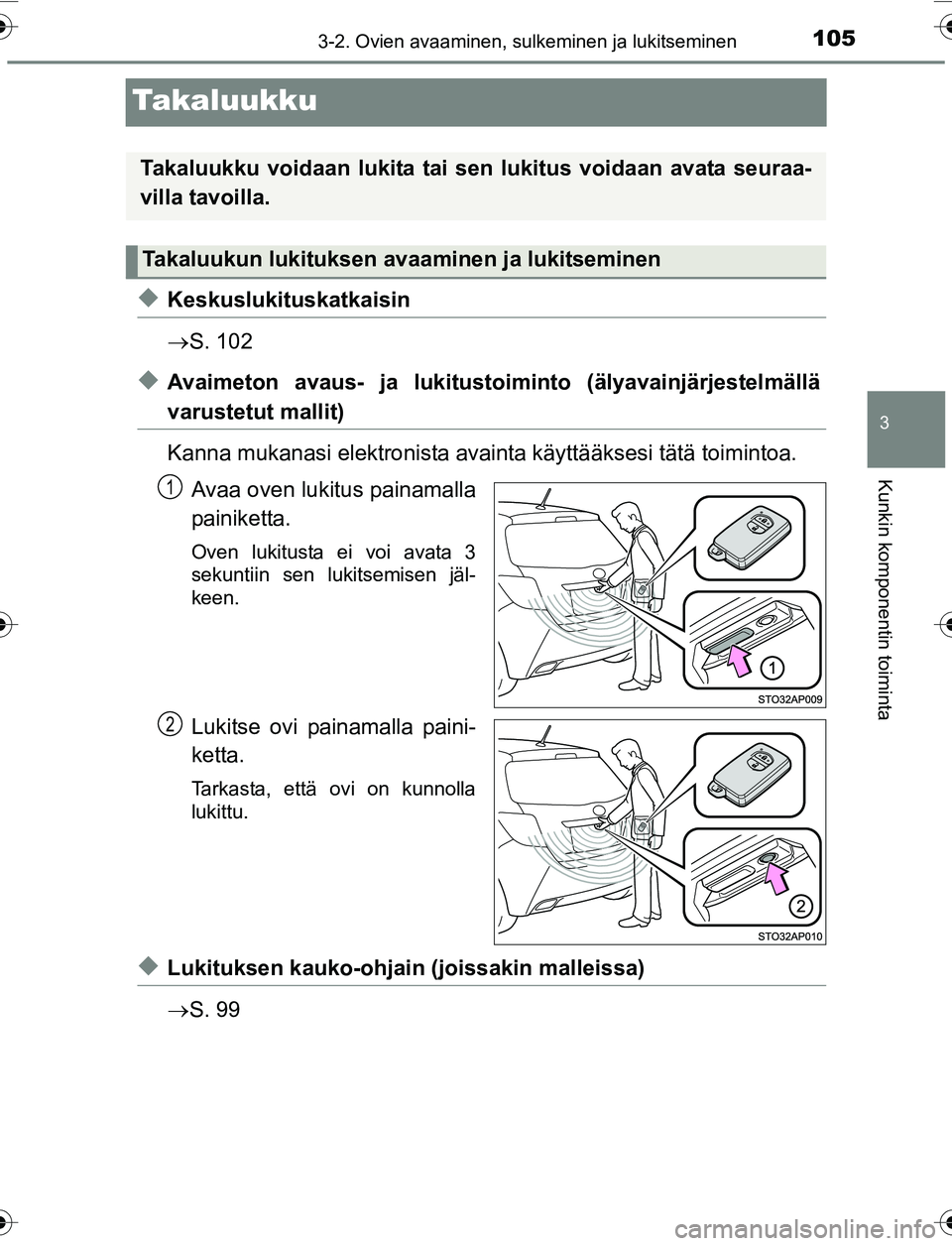 TOYOTA YARIS 2016  Omistajan Käsikirja (in Finnish) 105
3
3-2. Ovien avaaminen, sulkeminen ja lukitseminen
Kunkin komponentin toiminta
OM52G04FI
Takaluukku
uKeskuslukituskatkaisin
S. 102
uAvaimeton avaus- ja lukitustoiminto (älyavainjärjestelmäll
