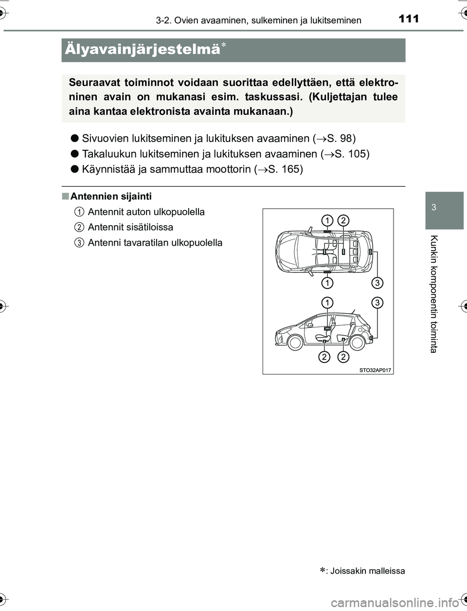 TOYOTA YARIS 2016 Omistajan Käsikirja (in Finnish) 111
3
3-2. Ovien avaaminen, sulkeminen ja lukitseminen
Kunkin komponentin toiminta
OM52G04FI
Älyavainjärjestelmä
lSivuovien lukitseminen ja lukituksen avaaminen ( S. 98)
l Takaluukun lukitsem TOYOTA YARIS 2016 Omistajan Käsikirja (in Finnish) 111
3
3-2. Ovien avaaminen, sulkeminen ja lukitseminen
Kunkin komponentin toiminta
OM52G04FI
Älyavainjärjestelmä
lSivuovien lukitseminen ja lukituksen avaaminen ( S. 98)
l Takaluukun lukitsem