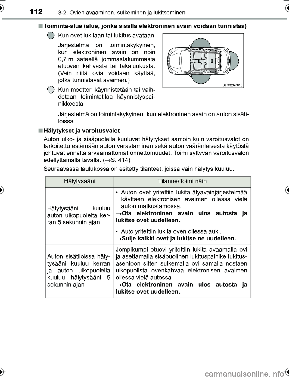 TOYOTA YARIS 2016 Omistajan Käsikirja (in Finnish) 1123-2. Ovien avaaminen, sulkeminen ja lukitseminen
OM52G04FIn
Toiminta-alue (alue, jonka sisällä elektroninen avain voidaan tunnistaa)
Järjestelmä on toimintakykyinen, kun elektroninen avain on TOYOTA YARIS 2016 Omistajan Käsikirja (in Finnish) 1123-2. Ovien avaaminen, sulkeminen ja lukitseminen
OM52G04FIn
Toiminta-alue (alue, jonka sisällä elektroninen avain voidaan tunnistaa)
Järjestelmä on toimintakykyinen, kun elektroninen avain on