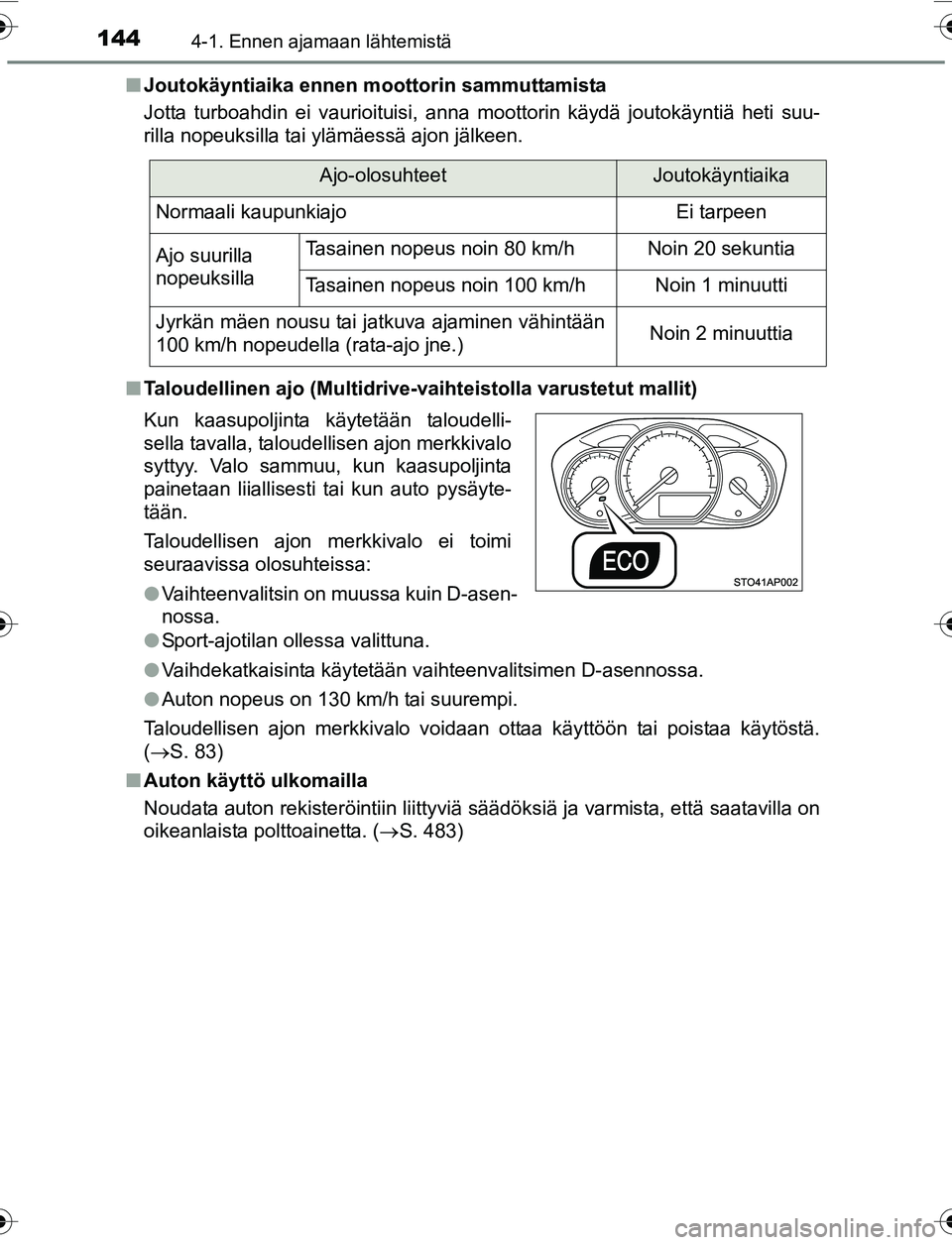 TOYOTA YARIS 2016 Omistajan Käsikirja (in Finnish) 1444-1. Ennen ajamaan lähtemistä
OM52G04FIn
Joutokäyntiaika ennen m oottorin sammuttamista
Jotta turboahdin ei vaurioituisi, anna moottorin käydä joutokäyntiä heti suu-
rilla nopeuksilla tai yl TOYOTA YARIS 2016 Omistajan Käsikirja (in Finnish) 1444-1. Ennen ajamaan lähtemistä
OM52G04FIn
Joutokäyntiaika ennen m oottorin sammuttamista
Jotta turboahdin ei vaurioituisi, anna moottorin käydä joutokäyntiä heti suu-
rilla nopeuksilla tai yl