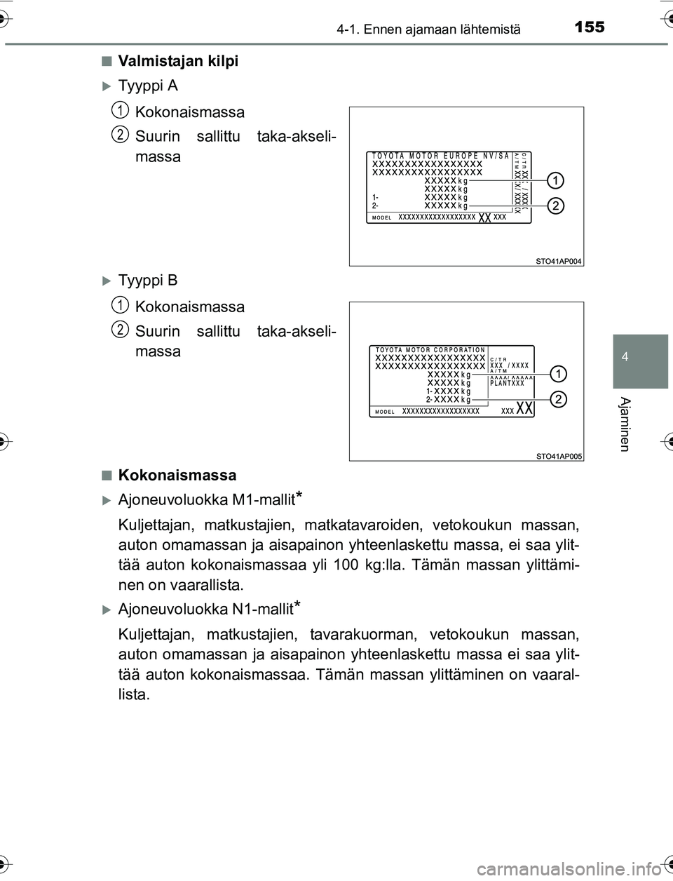 TOYOTA YARIS 2016 Omistajan Käsikirja (in Finnish) 1554-1. Ennen ajamaan lähtemistä
4
Ajaminen
OM52G04FIn
Valmistajan kilpi
Ty y p p i A
Kokonaismassa
Suurin sallittu taka-akseli-
massa
Ty y p p i BKokonaismassa
Suurin sallittu taka-akseli-
TOYOTA YARIS 2016 Omistajan Käsikirja (in Finnish) 1554-1. Ennen ajamaan lähtemistä
4
Ajaminen
OM52G04FIn
Valmistajan kilpi
Ty y p p i A
Kokonaismassa
Suurin sallittu taka-akseli-
massa
Ty y p p i BKokonaismassa
Suurin sallittu taka-akseli-