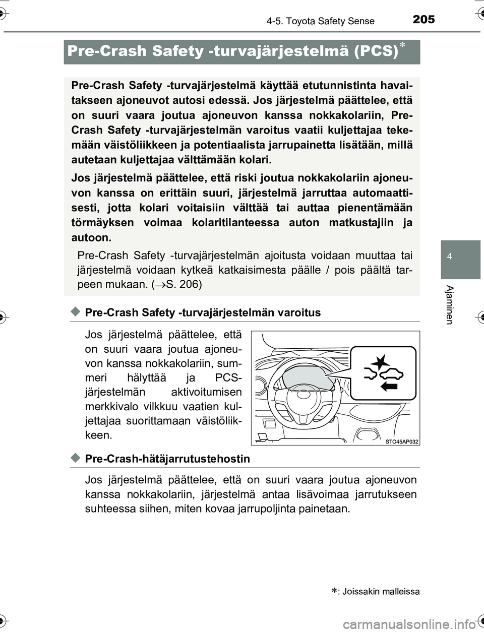 TOYOTA YARIS 2016 Omistajan Käsikirja (in Finnish) 205
4
4-5. Toyota Safety Sense
Ajaminen
OM52G04FI
Pre-Crash Safety -tur vajärjestelmä (PCS)
uPre-Crash Safety -turvajärjestelmän varoitus
Jos järjestelmä päättelee, että
on suuri vaara jou TOYOTA YARIS 2016 Omistajan Käsikirja (in Finnish) 205
4
4-5. Toyota Safety Sense
Ajaminen
OM52G04FI
Pre-Crash Safety -tur vajärjestelmä (PCS)
uPre-Crash Safety -turvajärjestelmän varoitus
Jos järjestelmä päättelee, että
on suuri vaara jou