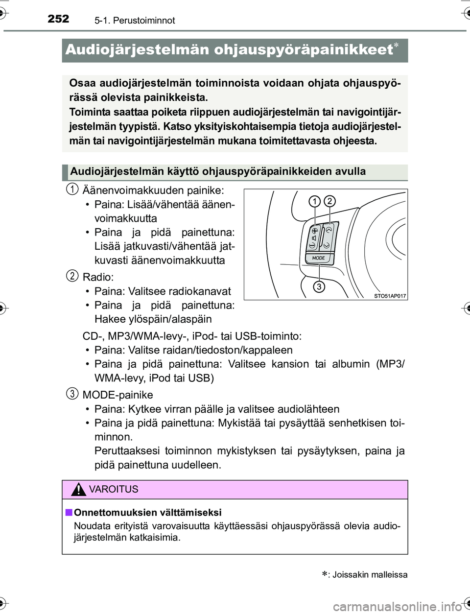 TOYOTA YARIS 2016 Omistajan Käsikirja (in Finnish) 2525-1. Perustoiminnot
OM52G04FI
Audiojärjestelmän ohjauspyöräpainikkeet
Äänenvoimakkuuden painike:• Paina: Lisää/vähentää äänen- voimakkuutta
• Paina ja pidä painettuna: Lisää TOYOTA YARIS 2016 Omistajan Käsikirja (in Finnish) 2525-1. Perustoiminnot
OM52G04FI
Audiojärjestelmän ohjauspyöräpainikkeet
Äänenvoimakkuuden painike:• Paina: Lisää/vähentää äänen- voimakkuutta
• Paina ja pidä painettuna: Lisää