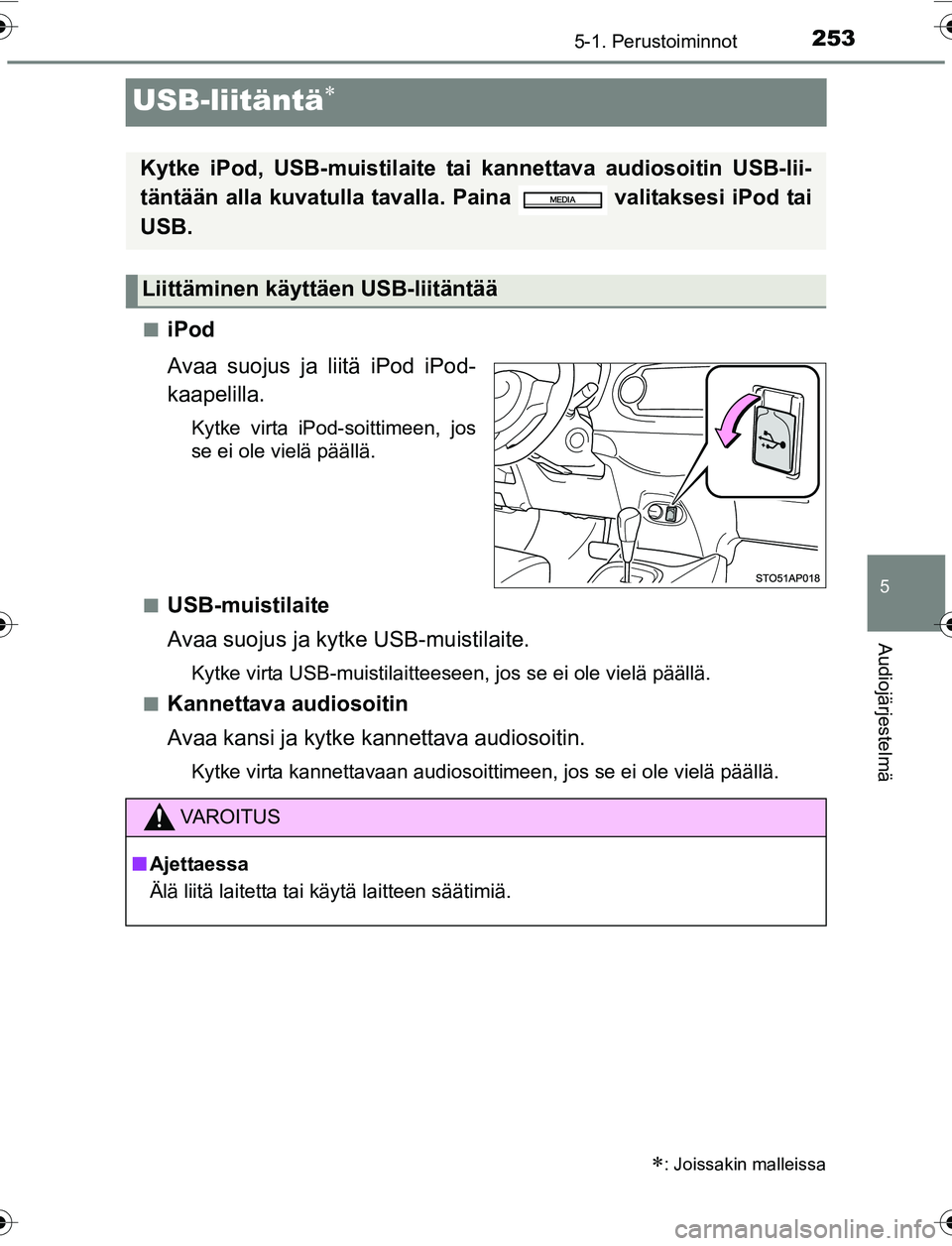 TOYOTA YARIS 2016 Omistajan Käsikirja (in Finnish) 253
5
5-1. Perustoiminnot
Audiojärjestelmä
OM52G04FI
USB-liitäntä
niPod
Avaa suojus ja liitä iPod iPod-
kaapelilla.
Kytke virta iPod-soittimeen, jos
se ei ole vielä päällä.
n
USB-muistilai TOYOTA YARIS 2016 Omistajan Käsikirja (in Finnish) 253
5
5-1. Perustoiminnot
Audiojärjestelmä
OM52G04FI
USB-liitäntä
niPod
Avaa suojus ja liitä iPod iPod-
kaapelilla.
Kytke virta iPod-soittimeen, jos
se ei ole vielä päällä.
n
USB-muistilai