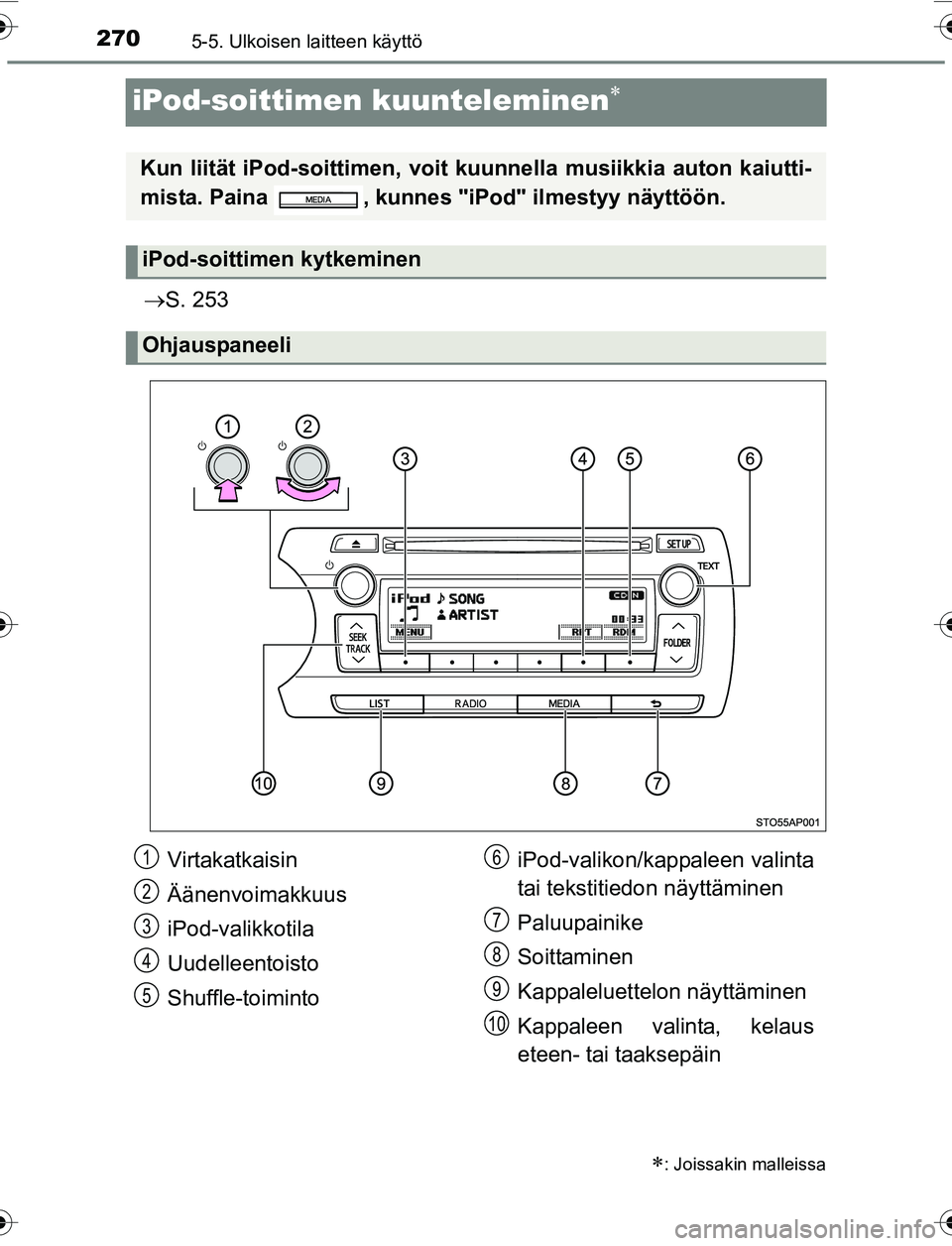 TOYOTA YARIS 2016 Omistajan Käsikirja (in Finnish) 2705-5. Ulkoisen laitteen käyttö
OM52G04FI
iPod-soittimen kuunteleminen
S. 253
: Joissakin malleissa
Kun liität iPod-soittime n, voit kuunnella musiikkia auton kaiutti-
mista. Paina , kun TOYOTA YARIS 2016 Omistajan Käsikirja (in Finnish) 2705-5. Ulkoisen laitteen käyttö
OM52G04FI
iPod-soittimen kuunteleminen
S. 253
: Joissakin malleissa
Kun liität iPod-soittime n, voit kuunnella musiikkia auton kaiutti-
mista. Paina , kun