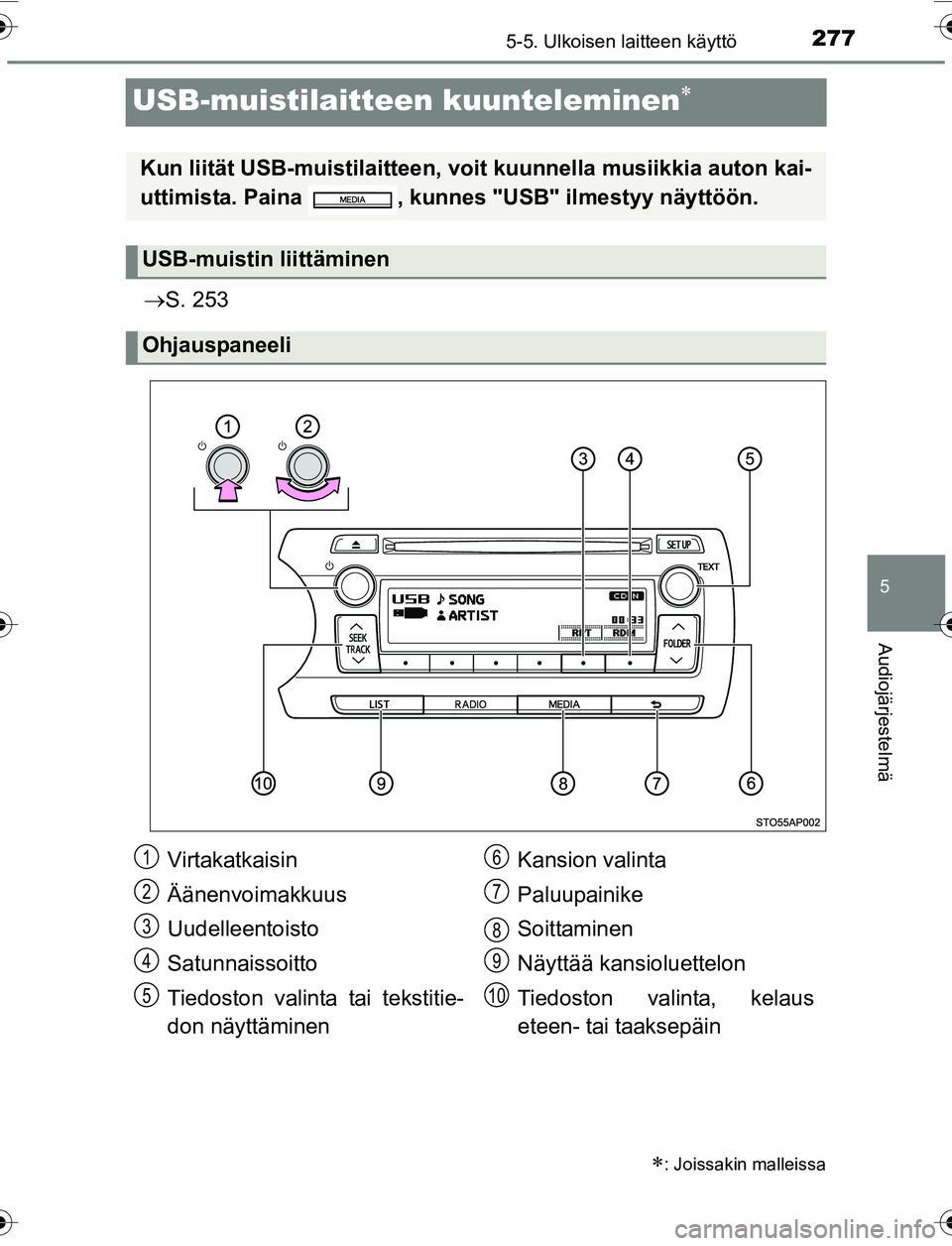 TOYOTA YARIS 2016 Omistajan Käsikirja (in Finnish) 277
5
5-5. Ulkoisen laitteen käyttö
Audiojärjestelmä
OM52G04FI
USB-muistilaitteen kuunteleminen
S. 253
: Joissakin malleissa
Kun liität USB-muisti laitteen, voit kuunnell a musiikkia aut TOYOTA YARIS 2016 Omistajan Käsikirja (in Finnish) 277
5
5-5. Ulkoisen laitteen käyttö
Audiojärjestelmä
OM52G04FI
USB-muistilaitteen kuunteleminen
S. 253
: Joissakin malleissa
Kun liität USB-muisti laitteen, voit kuunnell a musiikkia aut