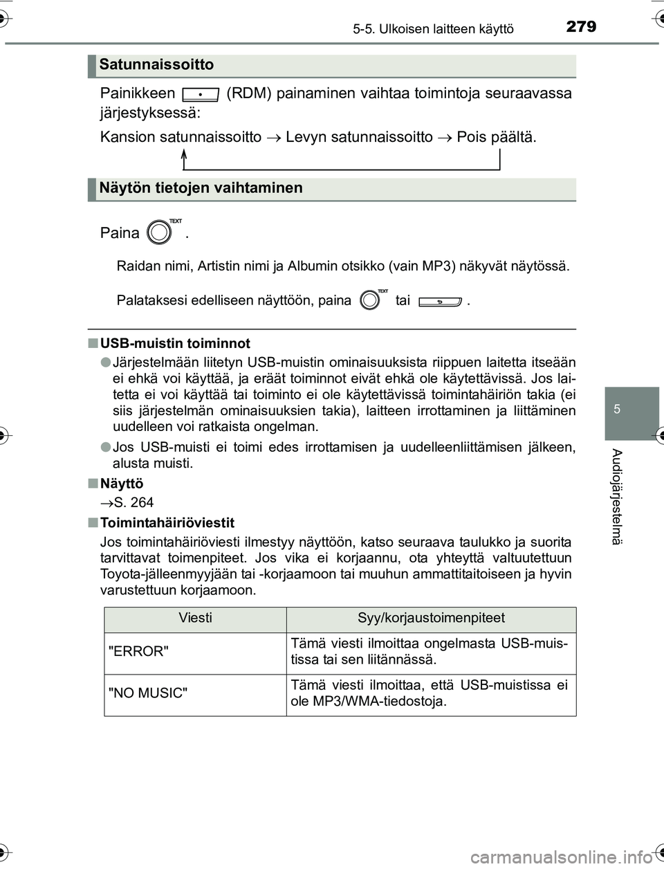 TOYOTA YARIS 2016 Omistajan Käsikirja (in Finnish) 2795-5. Ulkoisen laitteen käyttö
5
Audiojärjestelmä
OM52G04FI
Painikkeen (RDM) painaminen vaihtaa toimintoja seuraavassa
järjestyksessä:
Kansion satunnaissoitto Levyn satunnaissoitto TOYOTA YARIS 2016 Omistajan Käsikirja (in Finnish) 2795-5. Ulkoisen laitteen käyttö
5
Audiojärjestelmä
OM52G04FI
Painikkeen (RDM) painaminen vaihtaa toimintoja seuraavassa
järjestyksessä:
Kansion satunnaissoitto Levyn satunnaissoitto 