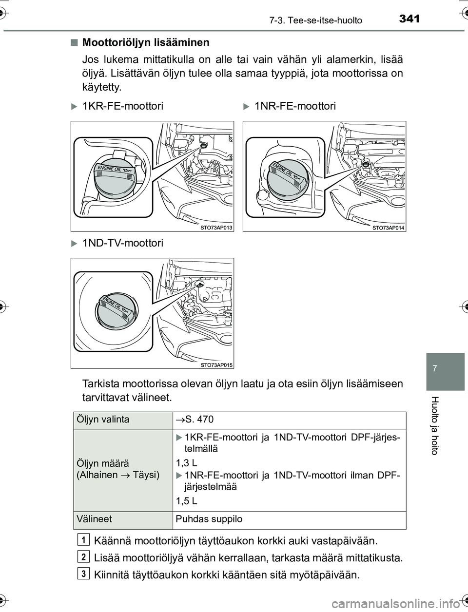 TOYOTA YARIS 2016 Omistajan Käsikirja (in Finnish) 3417-3. Tee-se-itse-huolto
7
Huolto ja hoito
OM52G04FIn
Moottoriöljyn lisääminen
Jos lukema mittatikulla on alle ta
i vain vähän yli alamerkin, lisää
öljyä. Lisättävän öljyn tulee olla s TOYOTA YARIS 2016 Omistajan Käsikirja (in Finnish) 3417-3. Tee-se-itse-huolto
7
Huolto ja hoito
OM52G04FIn
Moottoriöljyn lisääminen
Jos lukema mittatikulla on alle ta
i vain vähän yli alamerkin, lisää
öljyä. Lisättävän öljyn tulee olla s