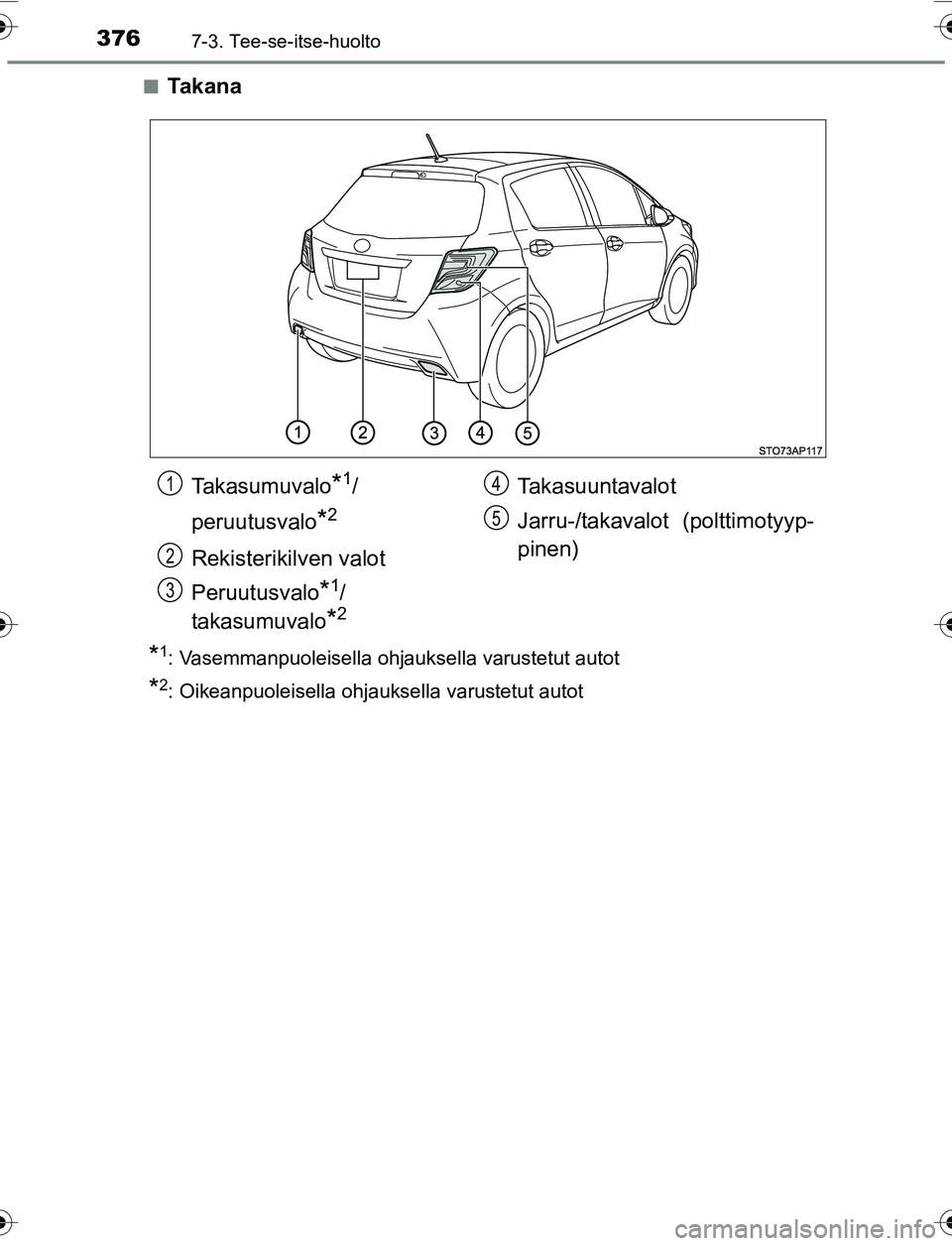 TOYOTA YARIS 2016  Omistajan Käsikirja (in Finnish) 3767-3. Tee-se-itse-huolto
OM52G04FIn
Ta k a n a
*1: Vasemmanpuoleisella ohjauksella varustetut autot
*2: Oikeanpuoleisella ohjauksella varustetut autot
Takasumuvalo*1/
peruutusvalo
*2
Rekisterikilven