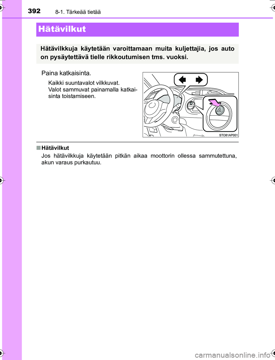 TOYOTA YARIS 2016 Omistajan Käsikirja (in Finnish) 3928-1. Tärkeää tietää
OM52G04FI
Hätävilkut
Paina katkaisinta.
Kaikki suuntavalot vilkkuvat.
Valot sammuvat painamalla katkai-
sinta toistamiseen.
nHätävilkut
Jos hätävilkkuja käytetään TOYOTA YARIS 2016 Omistajan Käsikirja (in Finnish) 3928-1. Tärkeää tietää
OM52G04FI
Hätävilkut
Paina katkaisinta.
Kaikki suuntavalot vilkkuvat.
Valot sammuvat painamalla katkai-
sinta toistamiseen.
nHätävilkut
Jos hätävilkkuja käytetään