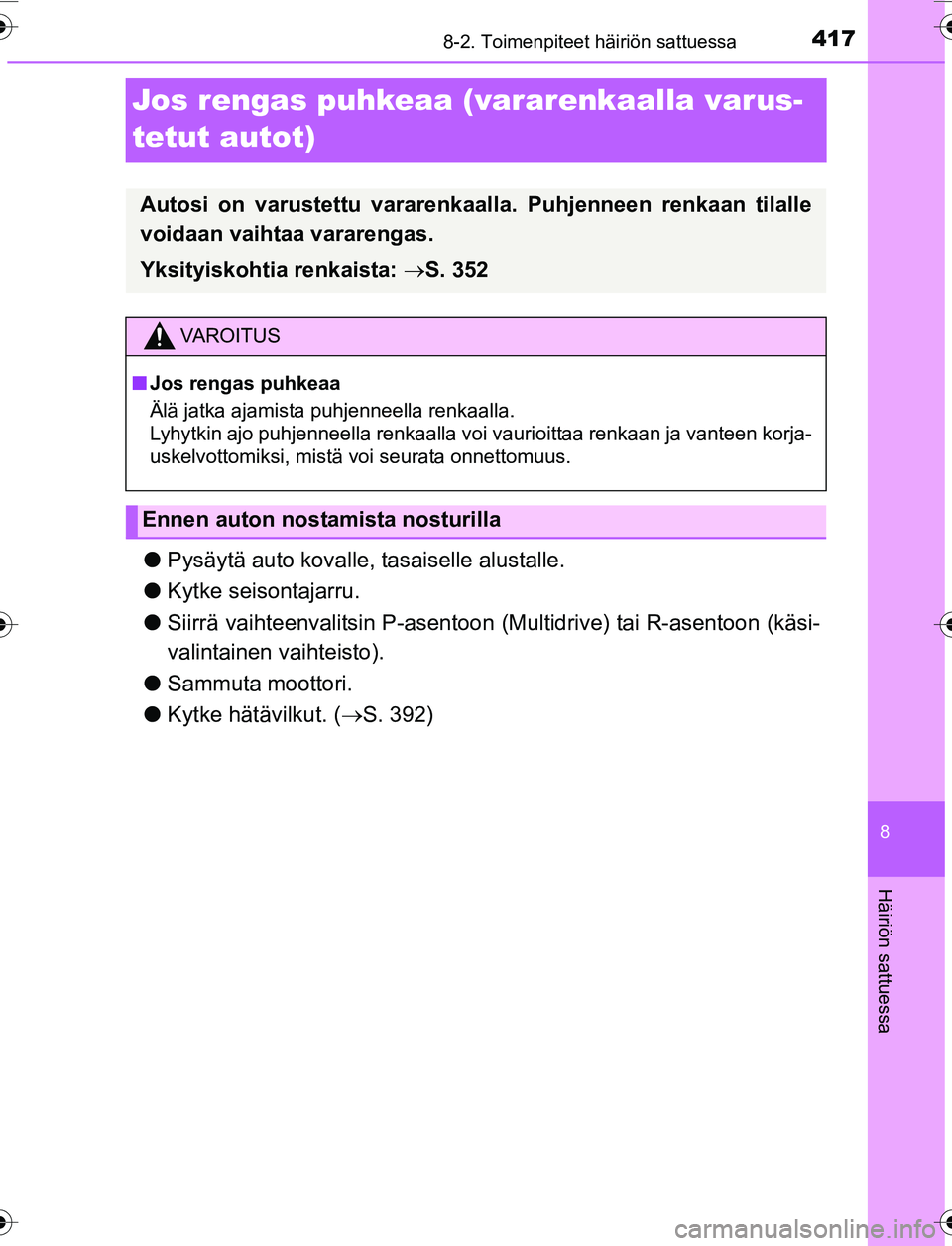 TOYOTA YARIS 2016 Omistajan Käsikirja (in Finnish) 4178-2. Toimenpiteet häiriön sattuessa
8
Häiriön sattuessa
OM52G04FI
Jos rengas puhkeaa (vararenkaalla varus-
tetut autot)
lPysäytä auto kovalle, tasaiselle alustalle.
l Kytke seisontajarru.
l TOYOTA YARIS 2016 Omistajan Käsikirja (in Finnish) 4178-2. Toimenpiteet häiriön sattuessa
8
Häiriön sattuessa
OM52G04FI
Jos rengas puhkeaa (vararenkaalla varus-
tetut autot)
lPysäytä auto kovalle, tasaiselle alustalle.
l Kytke seisontajarru.
l