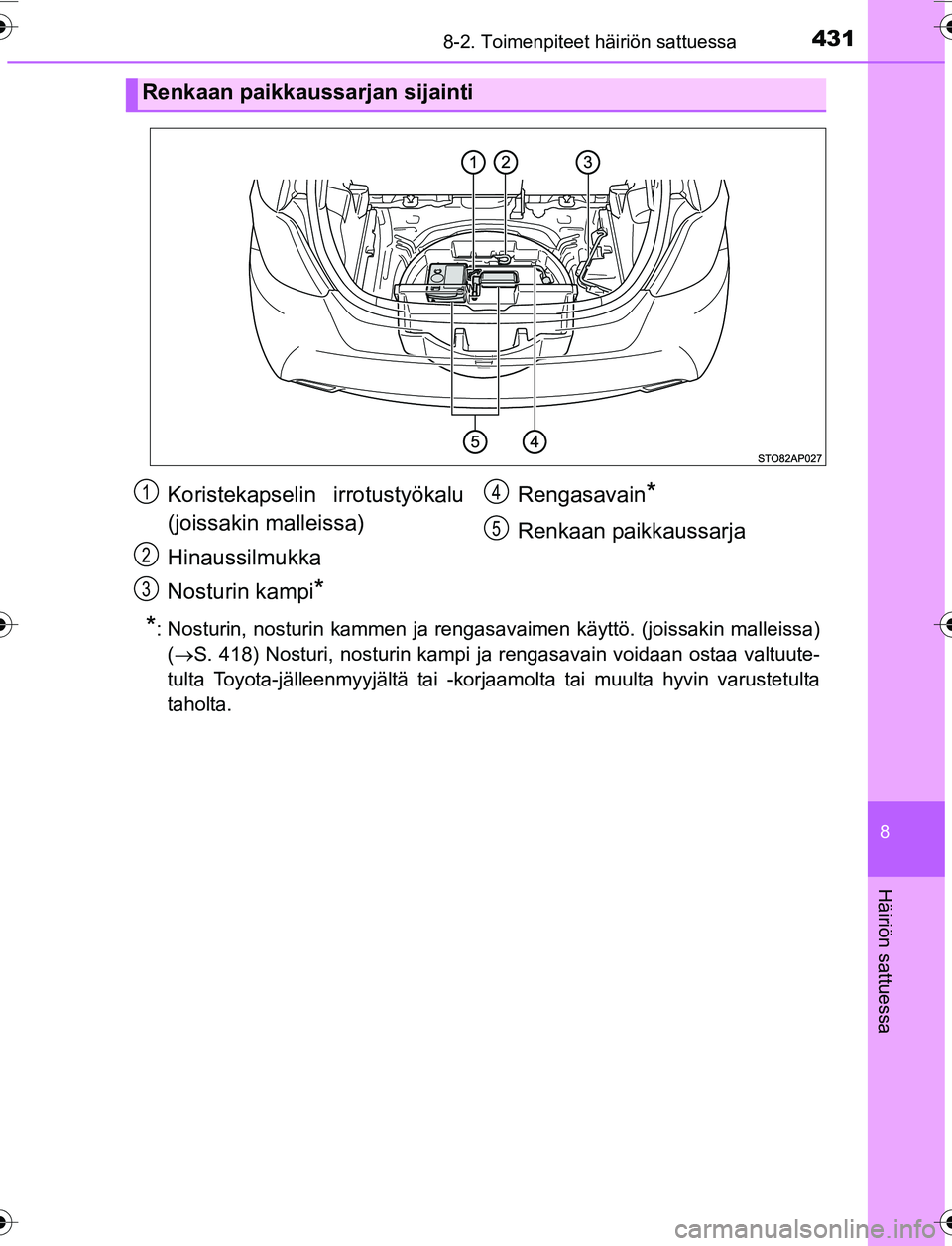 TOYOTA YARIS 2016  Omistajan Käsikirja (in Finnish) 4318-2. Toimenpiteet häiriön sattuessa
8
Häiriön sattuessa
OM52G04FI
*: Nosturin, nosturin kammen ja rengasavaimen käyttö. (joissakin malleissa)(S. 418) Nosturi, nosturin kampi ja rengasavain