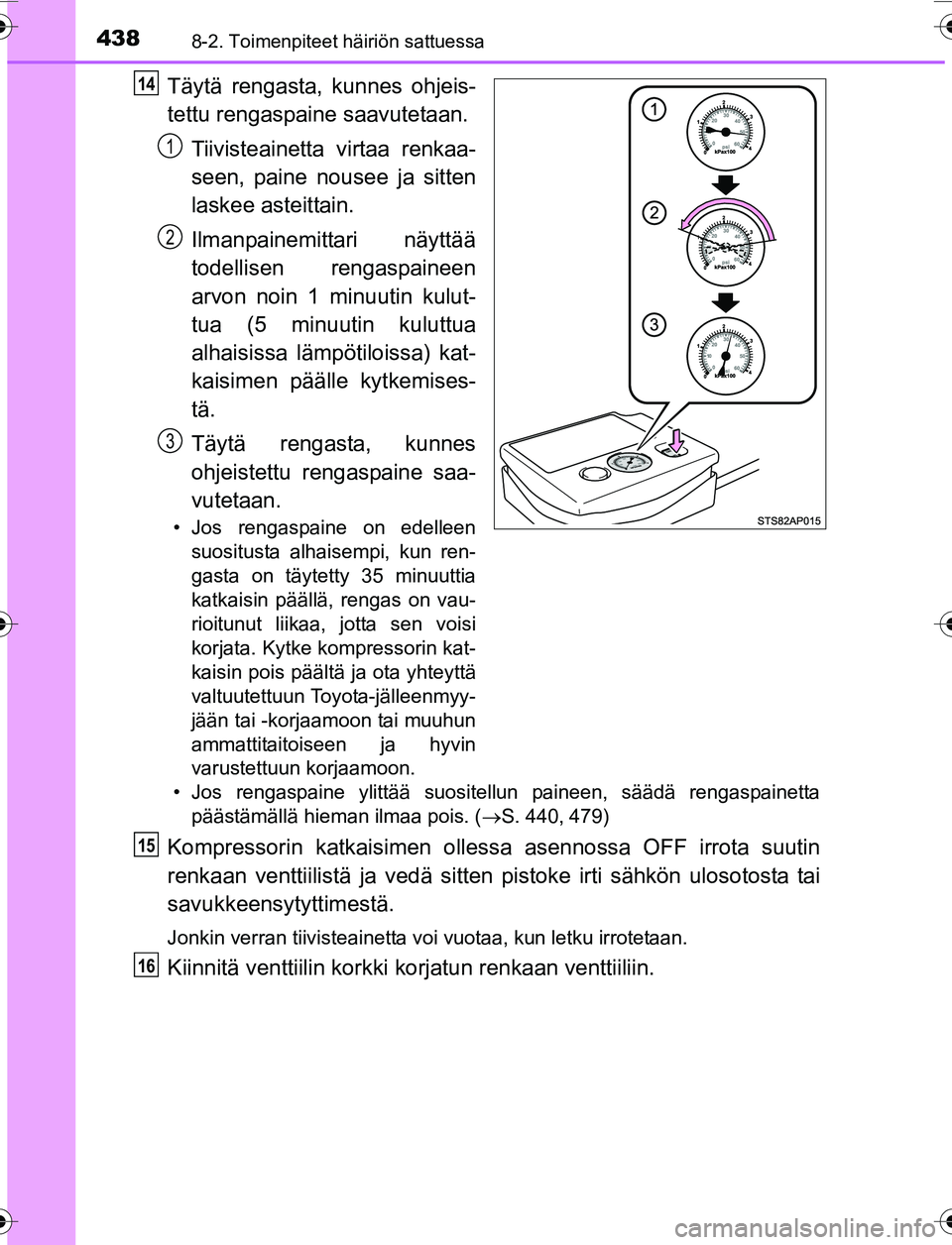 TOYOTA YARIS 2016 Omistajan Käsikirja (in Finnish) 4388-2. Toimenpiteet häiriön sattuessa
OM52G04FI
Täytä rengasta, kunnes ohjeis-
tettu rengaspaine saavutetaan.Tiivisteainetta virtaa renkaa-
seen, paine nousee ja sitten
laskee asteittain.
Ilmanpa TOYOTA YARIS 2016 Omistajan Käsikirja (in Finnish) 4388-2. Toimenpiteet häiriön sattuessa
OM52G04FI
Täytä rengasta, kunnes ohjeis-
tettu rengaspaine saavutetaan.Tiivisteainetta virtaa renkaa-
seen, paine nousee ja sitten
laskee asteittain.
Ilmanpa