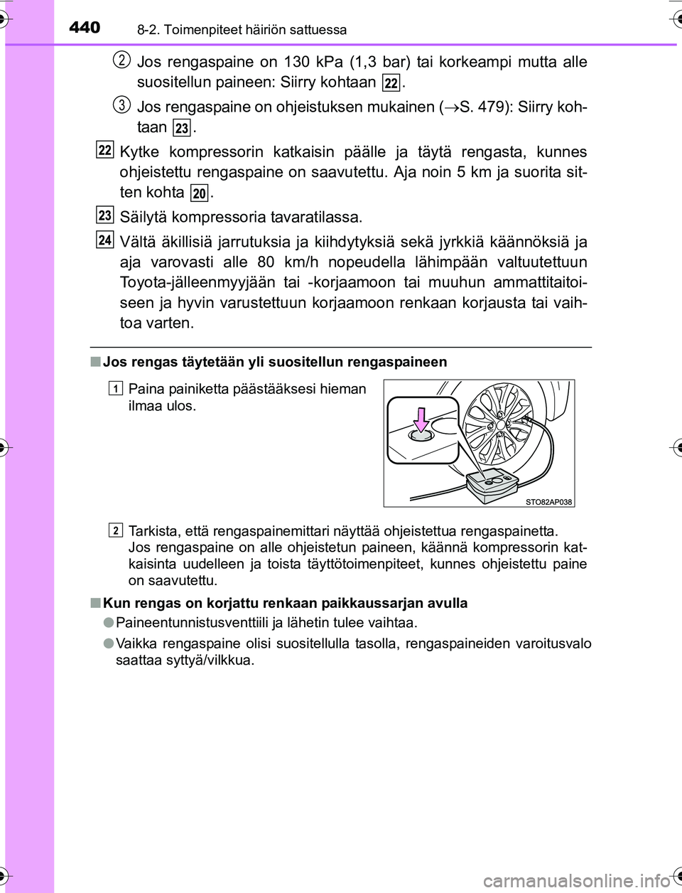TOYOTA YARIS 2016 Omistajan Käsikirja (in Finnish) 4408-2. Toimenpiteet häiriön sattuessa
OM52G04FI
Jos rengaspaine on 130 kPa (1,3 bar) tai korkeampi mutta alle
suositellun paineen: Siirry kohtaan .
Jos rengaspaine on ohjeistuksen mukainen (S. TOYOTA YARIS 2016 Omistajan Käsikirja (in Finnish) 4408-2. Toimenpiteet häiriön sattuessa
OM52G04FI
Jos rengaspaine on 130 kPa (1,3 bar) tai korkeampi mutta alle
suositellun paineen: Siirry kohtaan .
Jos rengaspaine on ohjeistuksen mukainen (S.