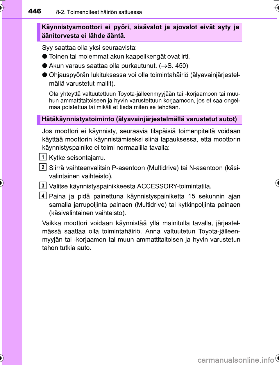 TOYOTA YARIS 2016 Omistajan Käsikirja (in Finnish) 4468-2. Toimenpiteet häiriön sattuessa
OM52G04FI
Syy saattaa olla yksi seuraavista:
lToinen tai molemmat akun kaapelikengät ovat irti.
l Akun varaus saattaa olla purkautunut. (S. 450)
l Ohjausp TOYOTA YARIS 2016 Omistajan Käsikirja (in Finnish) 4468-2. Toimenpiteet häiriön sattuessa
OM52G04FI
Syy saattaa olla yksi seuraavista:
lToinen tai molemmat akun kaapelikengät ovat irti.
l Akun varaus saattaa olla purkautunut. (S. 450)
l Ohjausp
