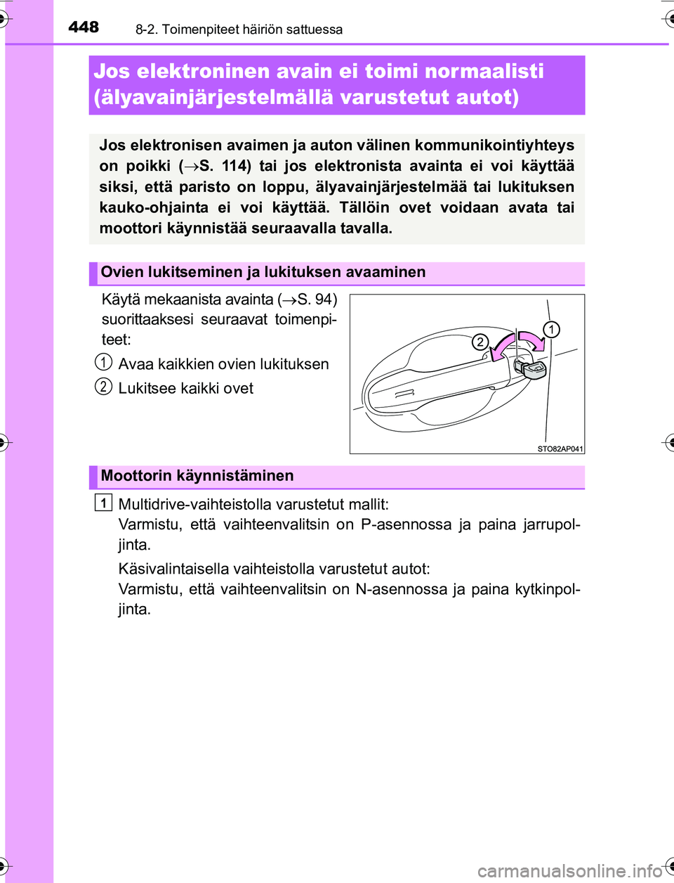 TOYOTA YARIS 2016 Omistajan Käsikirja (in Finnish) 4488-2. Toimenpiteet häiriön sattuessa
OM52G04FI
Jos elektroninen avain ei toimi nor maalisti
(älyavainjärjestelmällä varustetut autot)
Käytä mekaanista avainta (S. 94)
suorittaaksesi seur TOYOTA YARIS 2016 Omistajan Käsikirja (in Finnish) 4488-2. Toimenpiteet häiriön sattuessa
OM52G04FI
Jos elektroninen avain ei toimi nor maalisti
(älyavainjärjestelmällä varustetut autot)
Käytä mekaanista avainta (S. 94)
suorittaaksesi seur