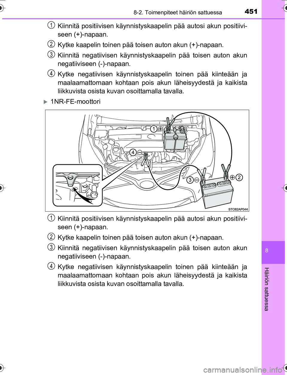 TOYOTA YARIS 2016 Omistajan Käsikirja (in Finnish) 4518-2. Toimenpiteet häiriön sattuessa
8
Häiriön sattuessa
OM52G04FI
Kiinnitä positiivisen käynnistyskaapelin pää autosi akun positiivi-
seen (+)-napaan.
Kytke kaapelin toinen pää toisen aut TOYOTA YARIS 2016 Omistajan Käsikirja (in Finnish) 4518-2. Toimenpiteet häiriön sattuessa
8
Häiriön sattuessa
OM52G04FI
Kiinnitä positiivisen käynnistyskaapelin pää autosi akun positiivi-
seen (+)-napaan.
Kytke kaapelin toinen pää toisen aut
