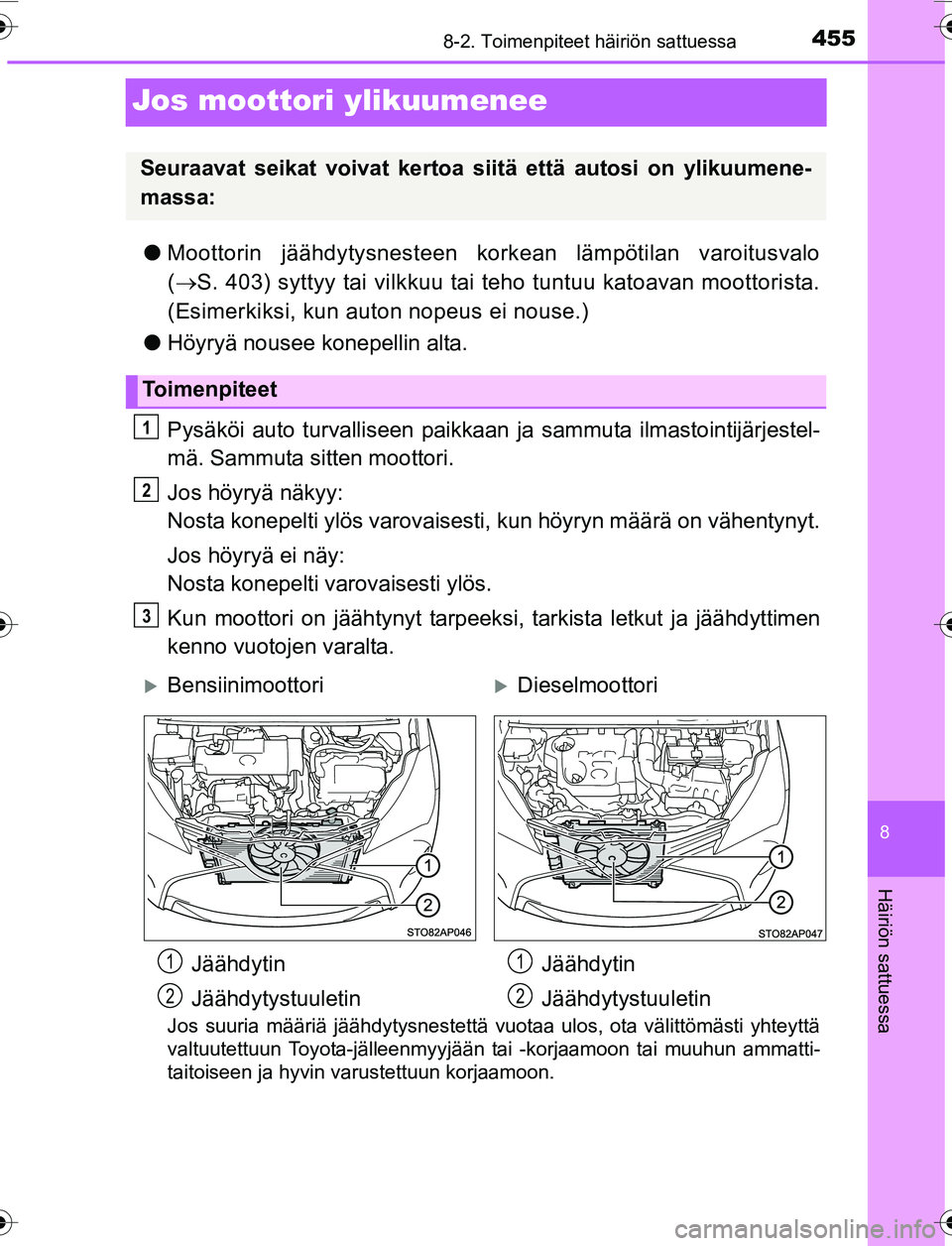 TOYOTA YARIS 2016 Omistajan Käsikirja (in Finnish) 4558-2. Toimenpiteet häiriön sattuessa
8
Häiriön sattuessa
OM52G04FI
Jos moottori ylikuumenee
lMoottorin jäähdytysnesteen korkean lämpötilan varoitusvalo
( S. 403) syttyy tai vilkkuu tai te TOYOTA YARIS 2016 Omistajan Käsikirja (in Finnish) 4558-2. Toimenpiteet häiriön sattuessa
8
Häiriön sattuessa
OM52G04FI
Jos moottori ylikuumenee
lMoottorin jäähdytysnesteen korkean lämpötilan varoitusvalo
( S. 403) syttyy tai vilkkuu tai te