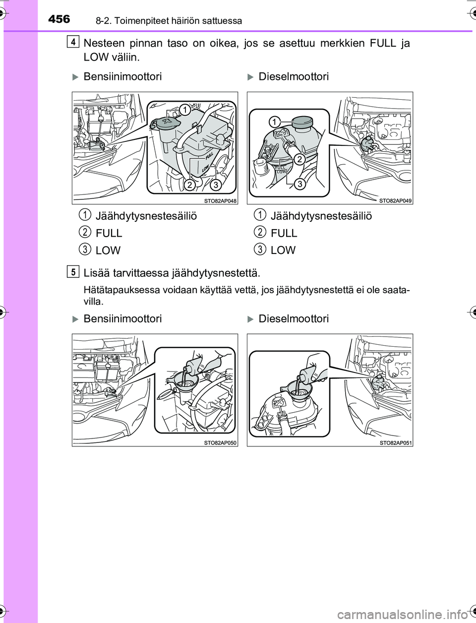TOYOTA YARIS 2016 Omistajan Käsikirja (in Finnish) 4568-2. Toimenpiteet häiriön sattuessa
OM52G04FI
Nesteen pinnan taso on oikea, jos se asettuu merkkien FULL ja
LOW väliin.
Lisää tarvittaessa jäähdytysnestettä.
Hätätapauksessa voidaan käyt TOYOTA YARIS 2016 Omistajan Käsikirja (in Finnish) 4568-2. Toimenpiteet häiriön sattuessa
OM52G04FI
Nesteen pinnan taso on oikea, jos se asettuu merkkien FULL ja
LOW väliin.
Lisää tarvittaessa jäähdytysnestettä.
Hätätapauksessa voidaan käyt