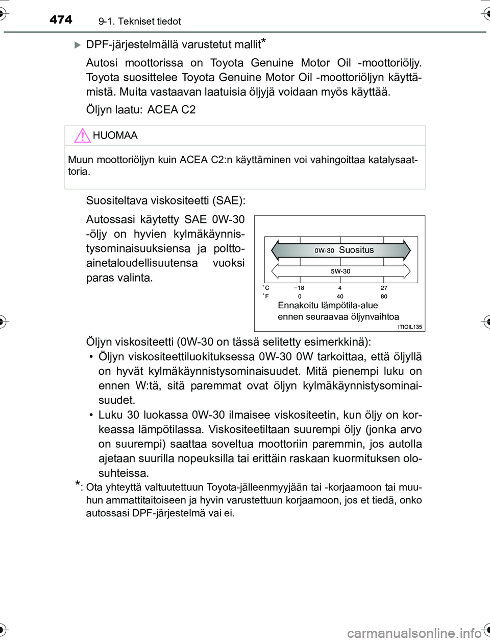 TOYOTA YARIS 2016  Omistajan Käsikirja (in Finnish) 4749-1. Tekniset tiedot
OM52G04FI
DPF-järjestelmällä varustetut mallit*
Autosi moottorissa on Toyota Genuine Motor Oil -moottoriöljy.
Toyota suosittelee Toyota Genuine Motor Oil -moottoriöljyn