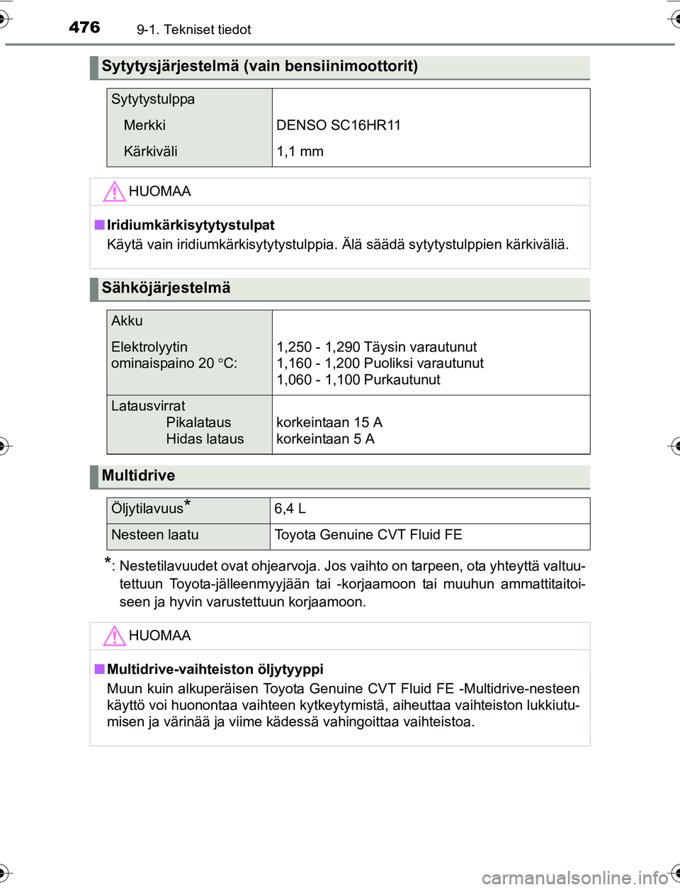 TOYOTA YARIS 2016  Omistajan Käsikirja (in Finnish) 4769-1. Tekniset tiedot
OM52G04FI
*: Nestetilavuudet ovat ohjearvoja. Jos vaihto on tarpeen, ota yhteyttä valtuu-tettuun Toyota-jälleenmyyjään tai -korjaamoon tai muuhun ammattitaitoi-
seen ja hyv