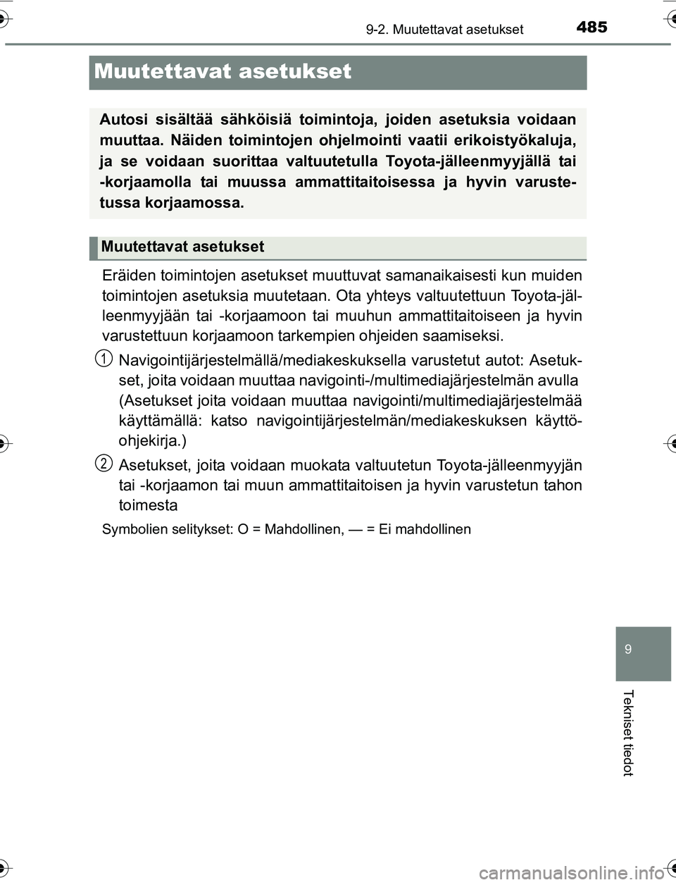TOYOTA YARIS 2016  Omistajan Käsikirja (in Finnish) 4859-2. Muutettavat asetukset
9
Tekniset tiedot
OM52G04FI
Muutettavat asetukset
Eräiden toimintojen asetukset muuttuvat samanaikaisesti kun muiden
toimintojen asetuksia muutetaan. Ota yhteys valtuute