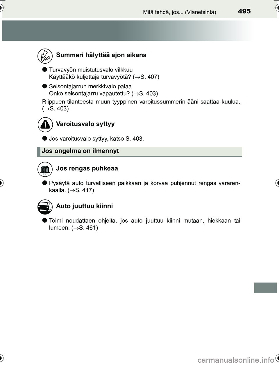 TOYOTA YARIS 2016  Omistajan Käsikirja (in Finnish) 495Mitä tehdä, jos... (Vianetsintä)
OM52G04FI
lTurvavyön muistutusvalo vilkkuu 
Käyttääkö kuljettaja turvavyötä? (S. 407)
lSeisontajarrun merkkivalo palaa 
Onko seisontajarru vapautettu? 